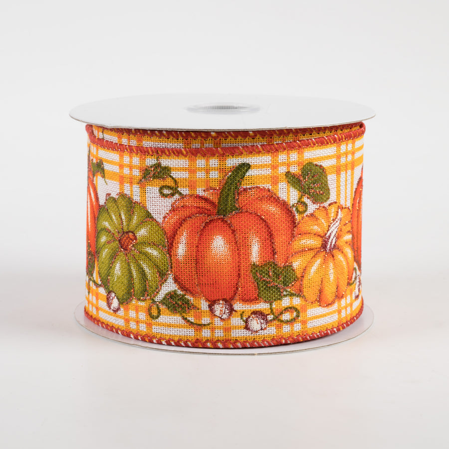 2.5" Linen Plaid Pumpkins Ribbon: Cream, Orange, Moss (10 Yards)