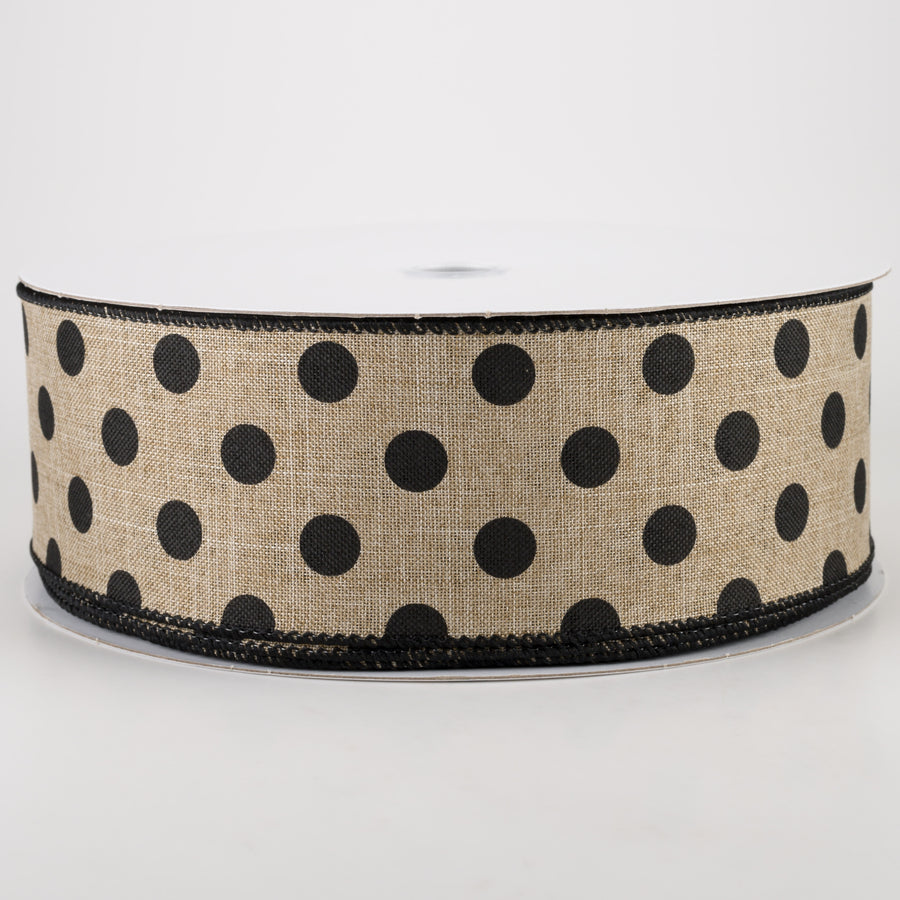 2.5" Linen Polka Dot Ribbon: Black on Natural (50 Yards)