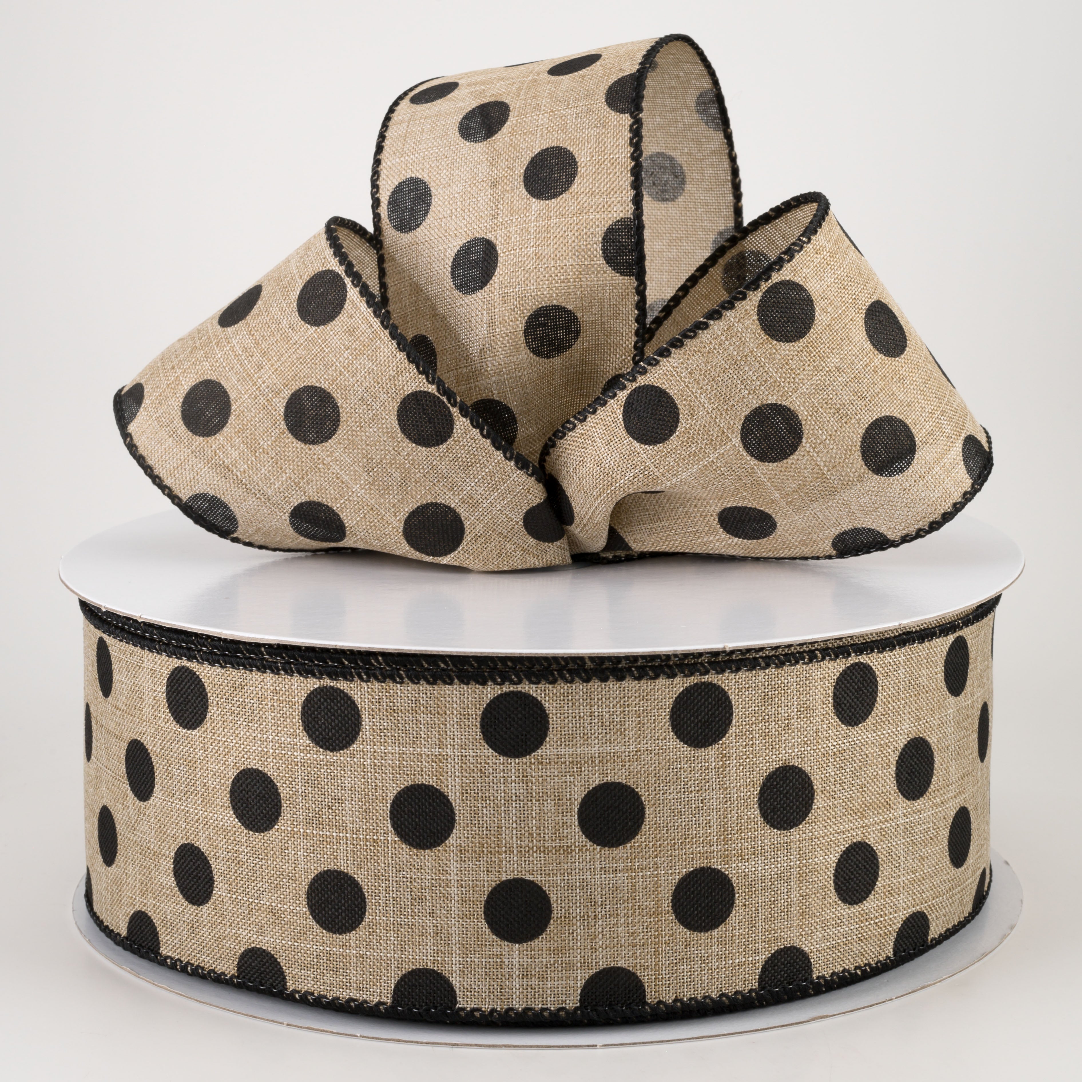 2.5" Linen Polka Dot Ribbon: Black on Natural (50 Yards) Lifestyle Photo