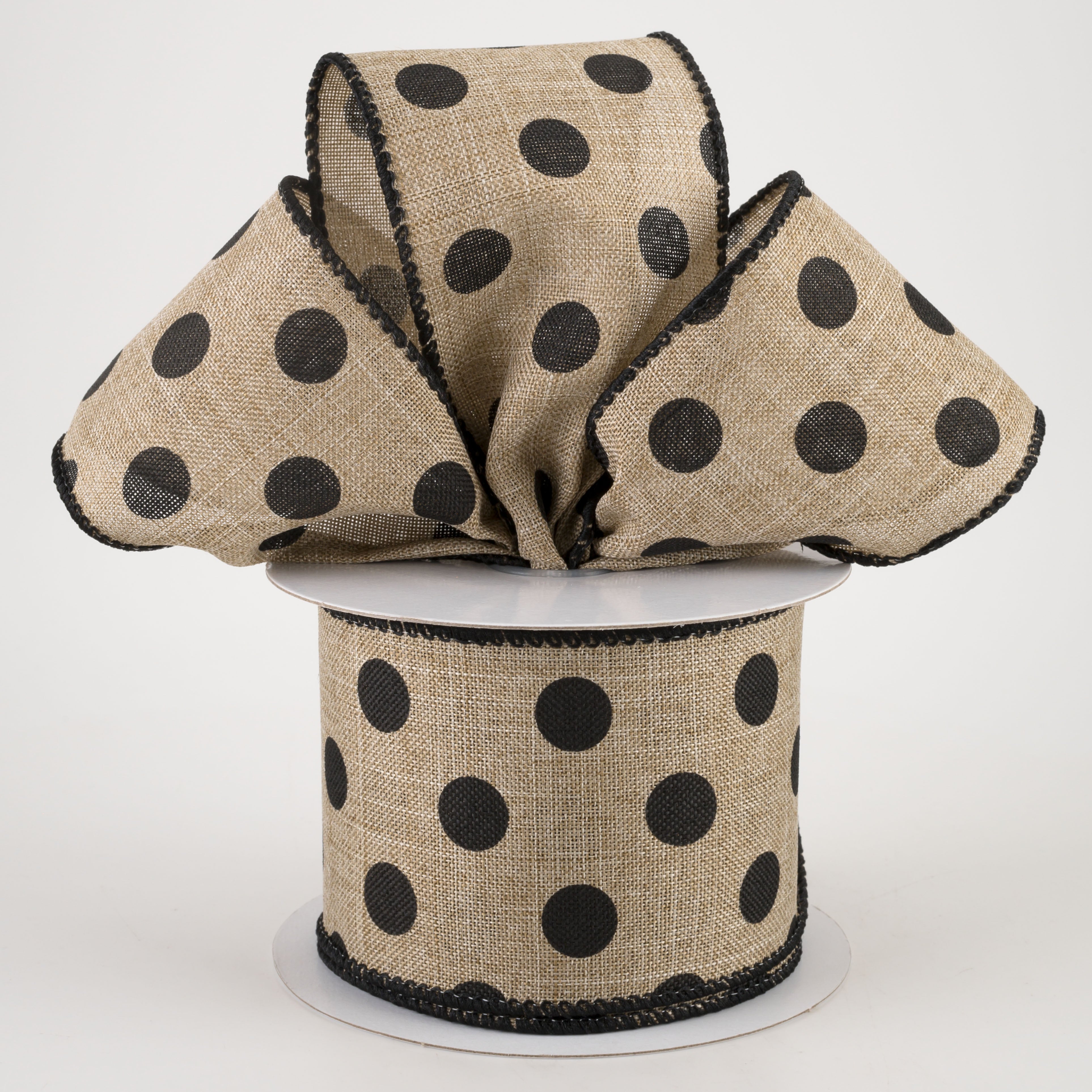 2.5" Linen Polka Dot Ribbon: Black on Natural (10 Yards) Lifestyle Photo