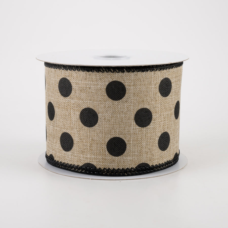 2.5" Linen Polka Dot Ribbon: Black on Natural (10 Yards)