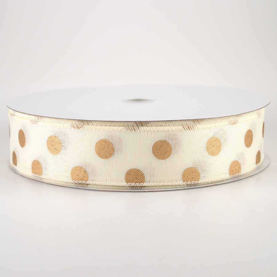 1.5" Linen Polka Dot Ribbon: Old Gold on Ivory (50 Yards)