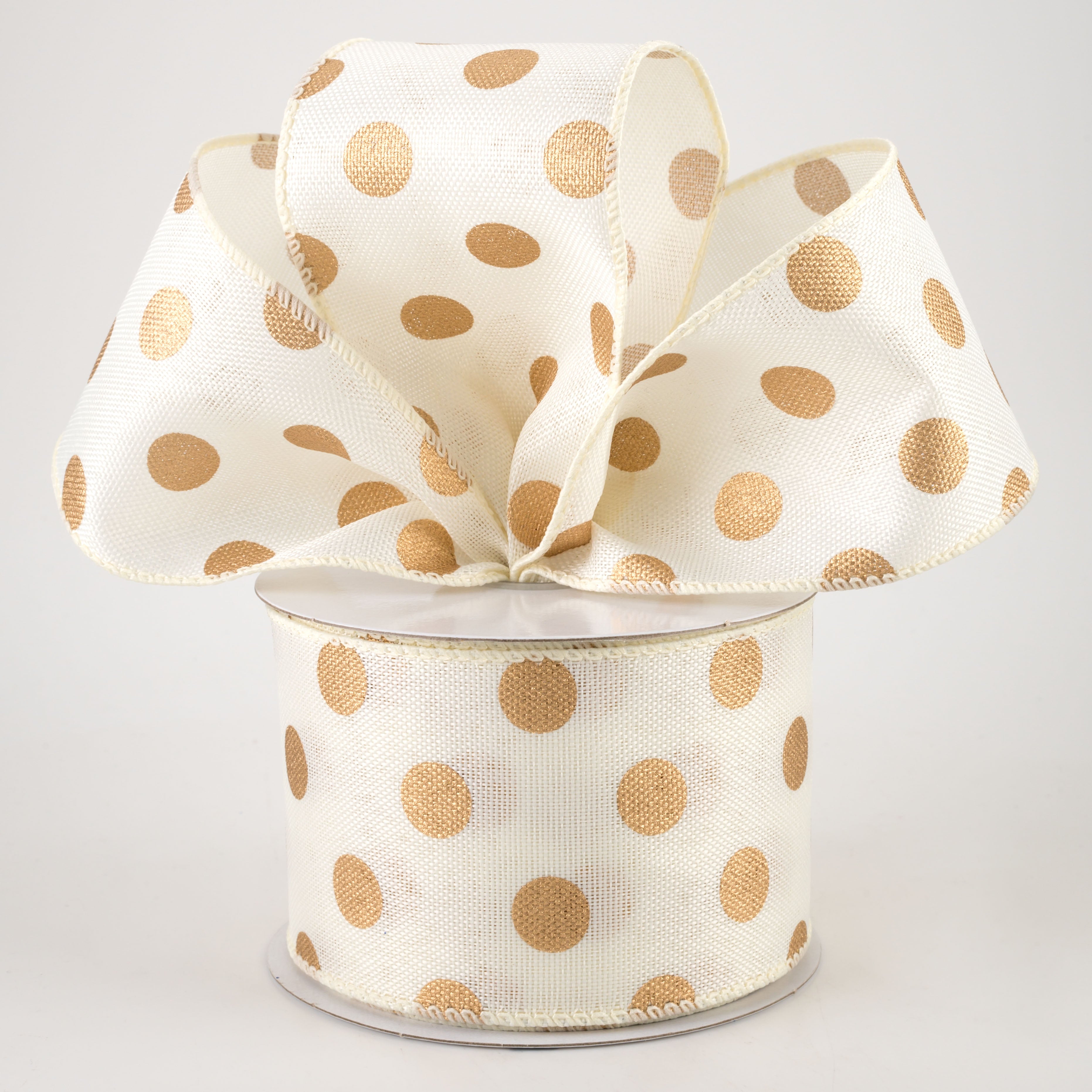 2.5" Linen Polka Dot Ribbon: Old Gold on Ivory (10 Yards) Lifestyle Photo