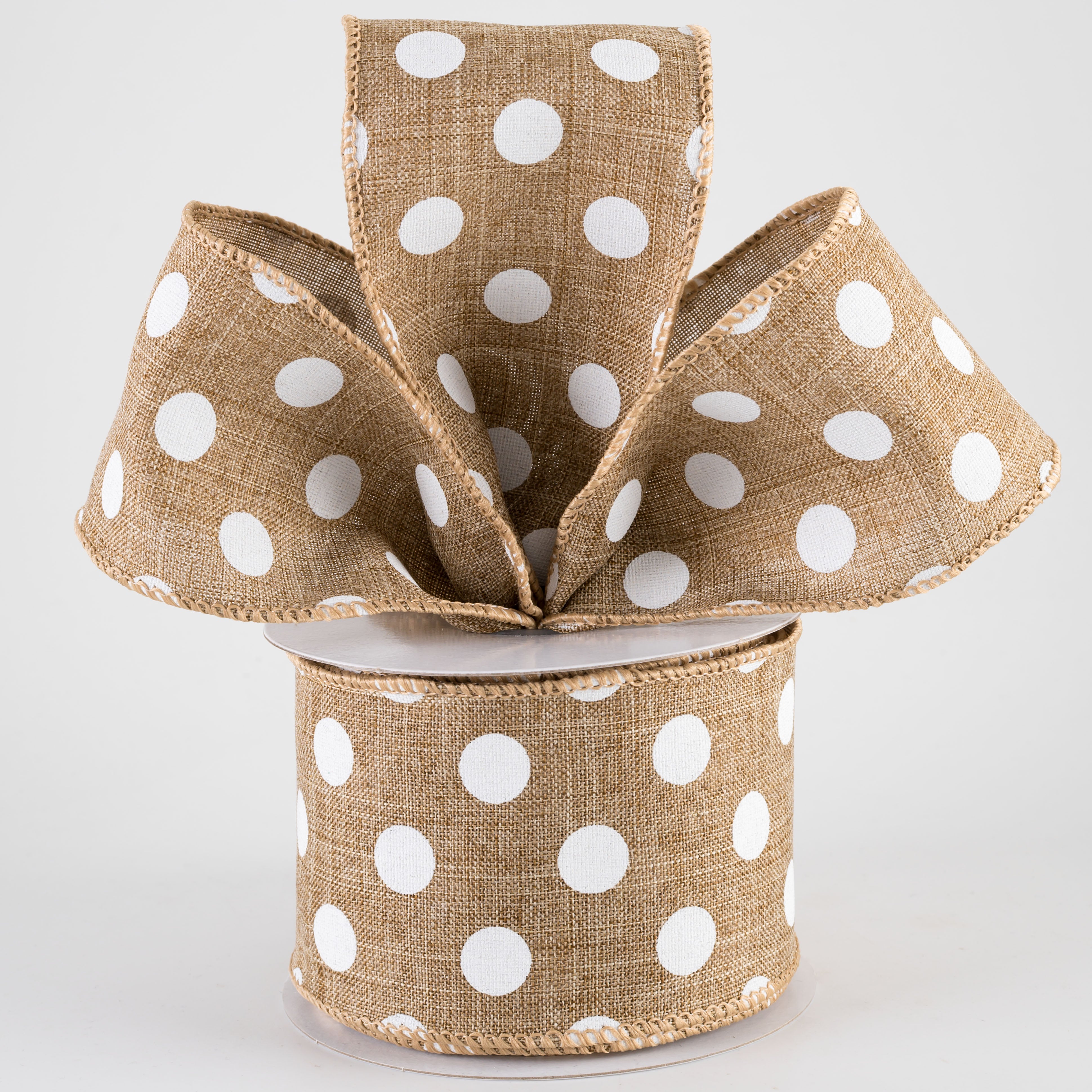 2.5" Linen Polka Dot Ribbon: White on Natural (10 Yards) Lifestyle Photo