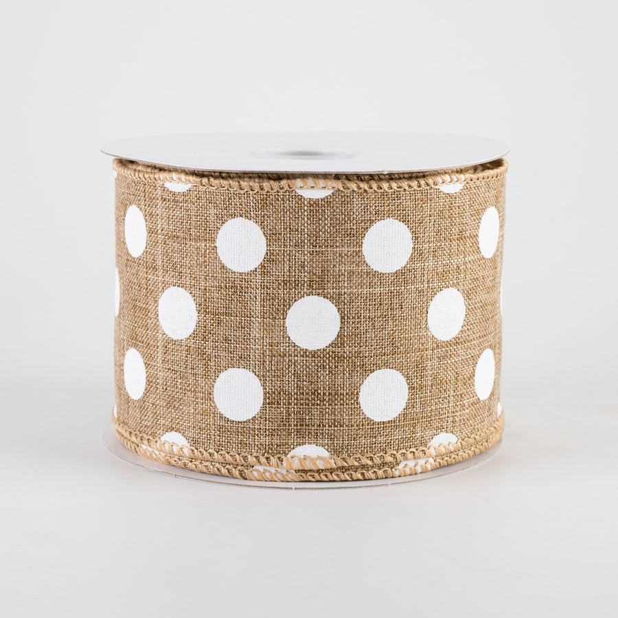 2.5" Linen Polka Dot Ribbon: White on Natural (10 Yards)