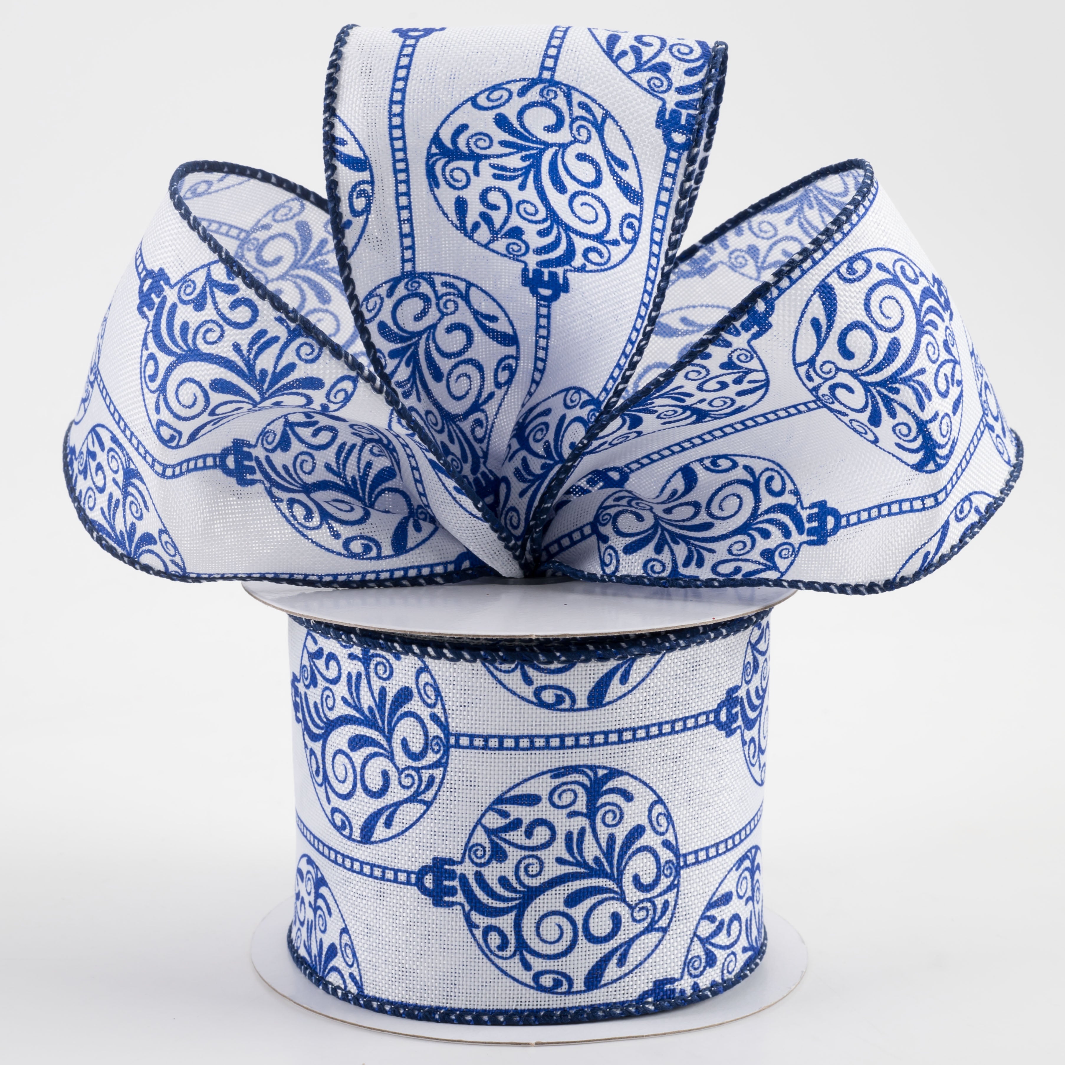 2.5" Linen Porcelain Ornaments Ribbon: Blue & White (10 Yards) Lifestyle Photo