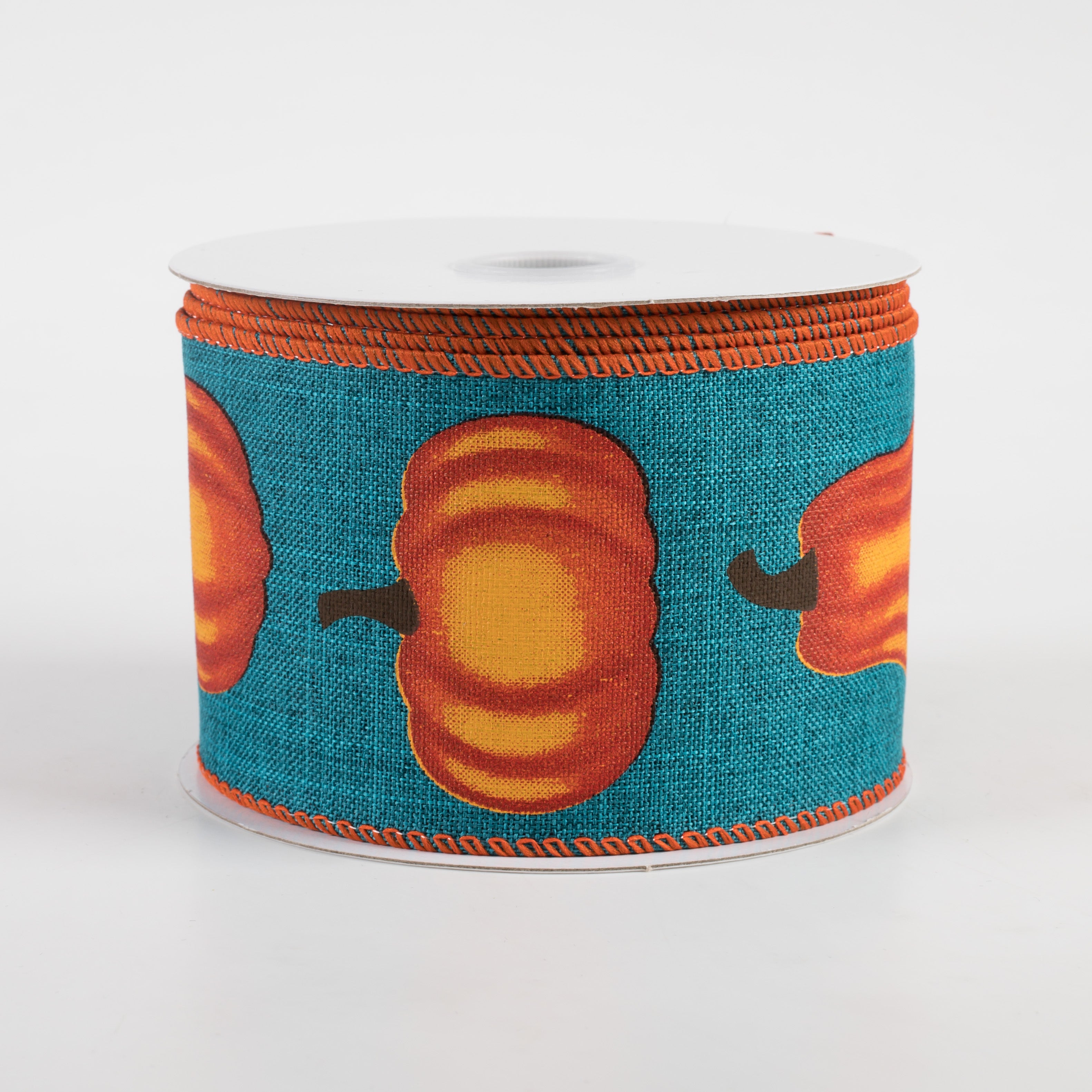 2.5" Linen Pumpkins Ribbon: Teal & Orange (10 Yards)