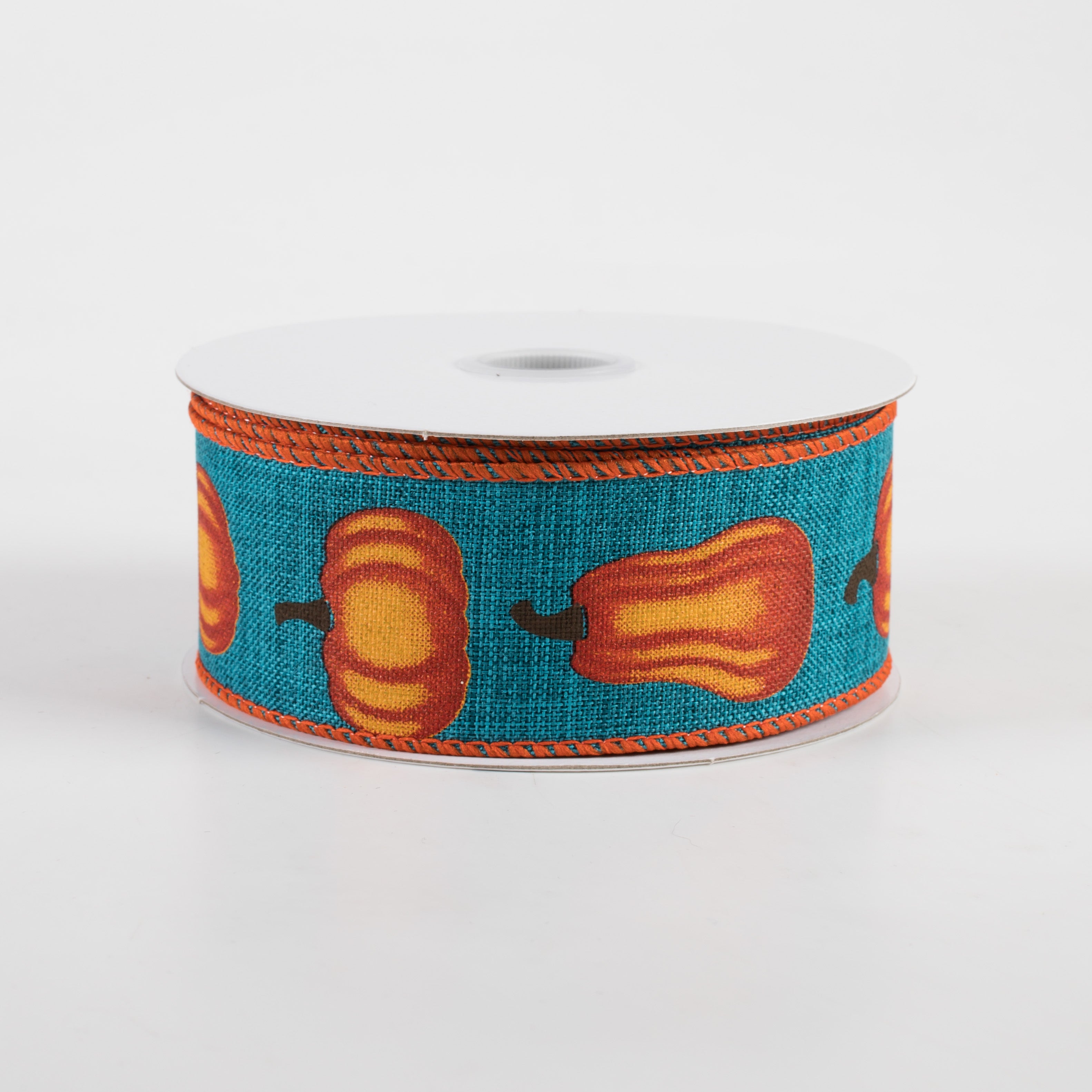 1.5" Linen Pumpkins Ribbon: Teal & Orange (10 Yards)