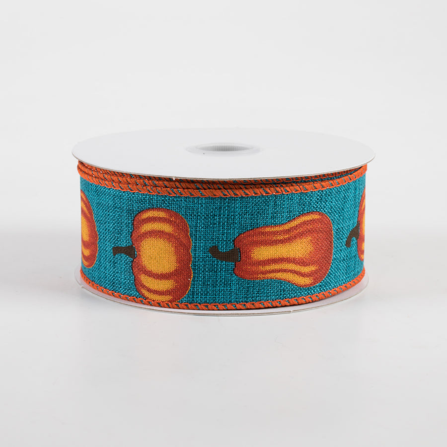 1.5" Linen Pumpkins Ribbon: Teal & Orange (10 Yards)