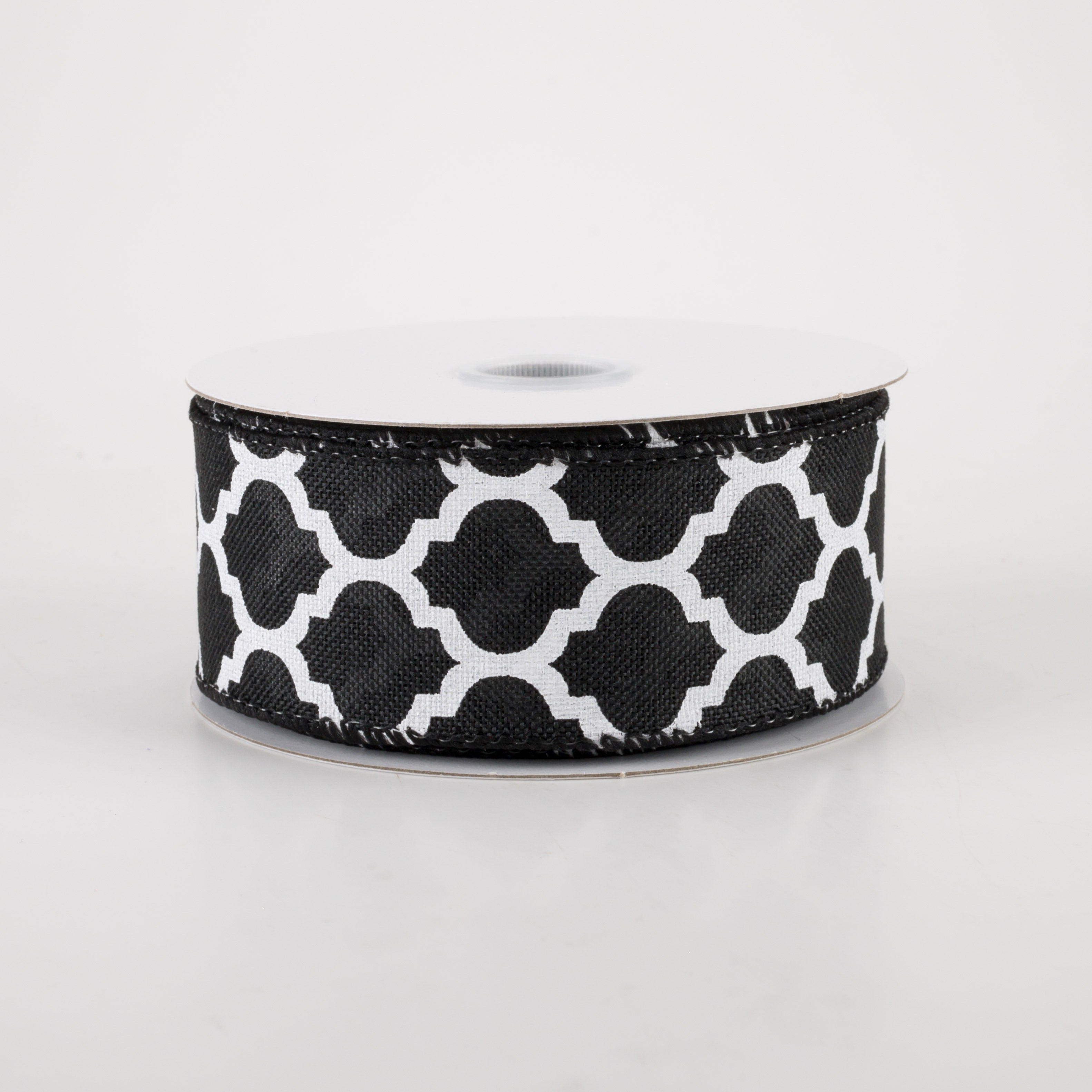 1.5" Linen Quatrefoil Lattice Ribbon: Black & White (10 Yards)