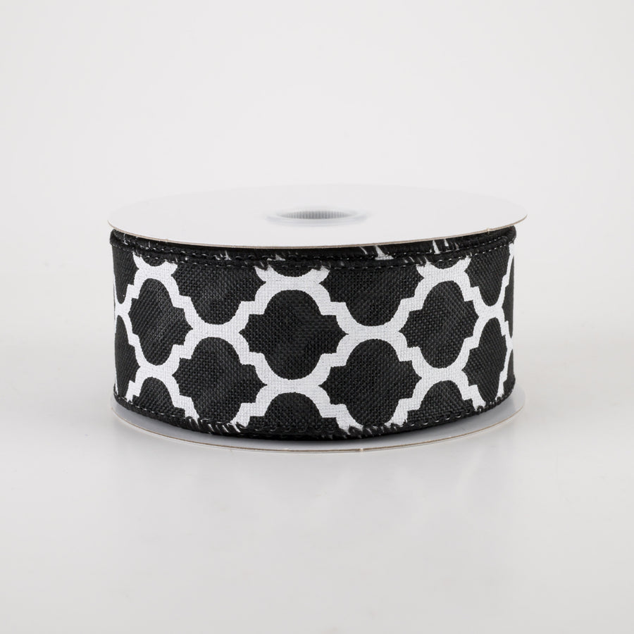 1.5" Linen Quatrefoil Lattice Ribbon: Black & White (10 Yards)