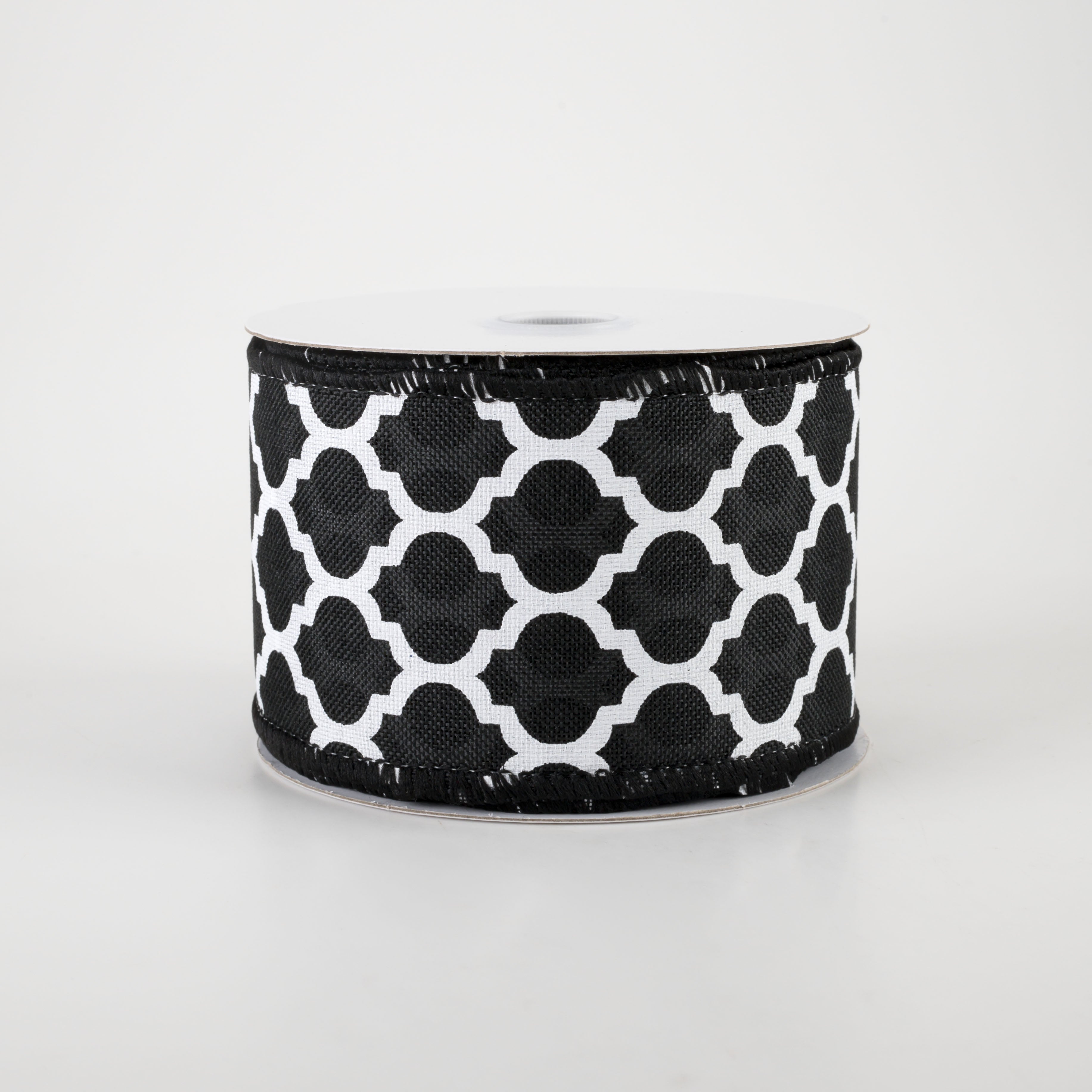2.5" Linen Quatrefoil Lattice Ribbon: Black & White (10 Yards)