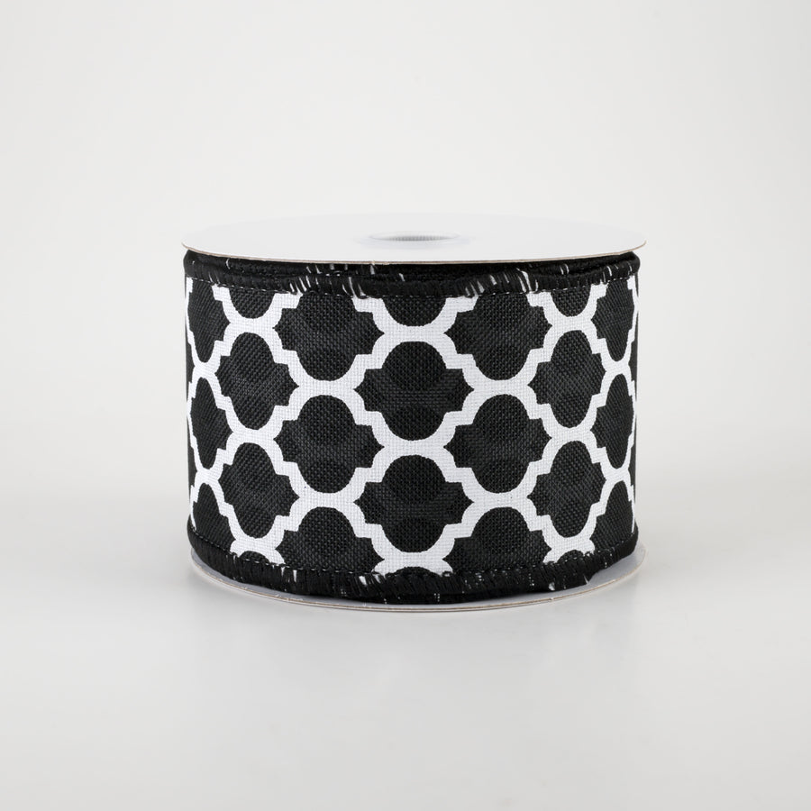 2.5" Linen Quatrefoil Lattice Ribbon: Black & White (10 Yards)