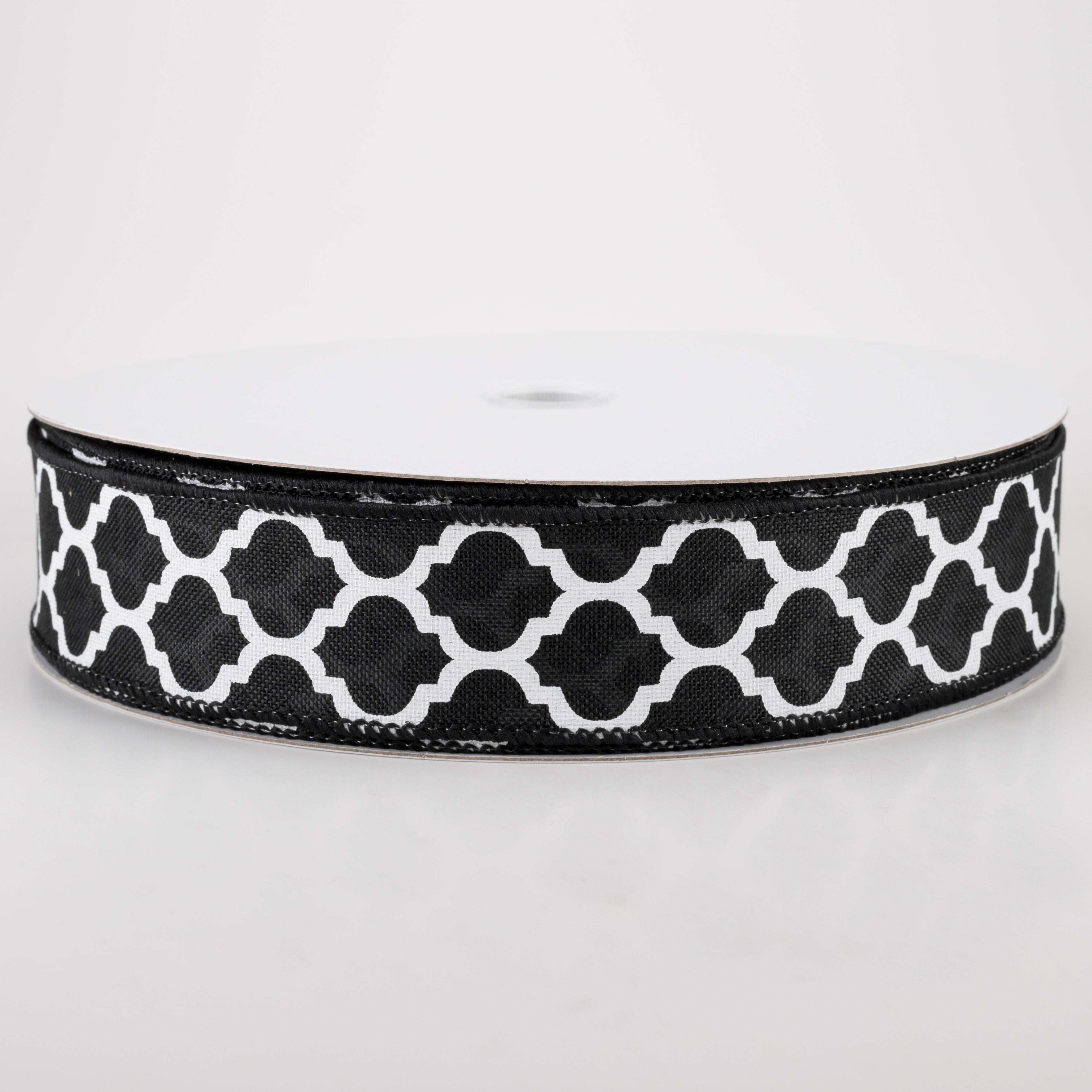 1.5" Linen Quatrefoil Lattice Ribbon: Black & White (50 Yards)