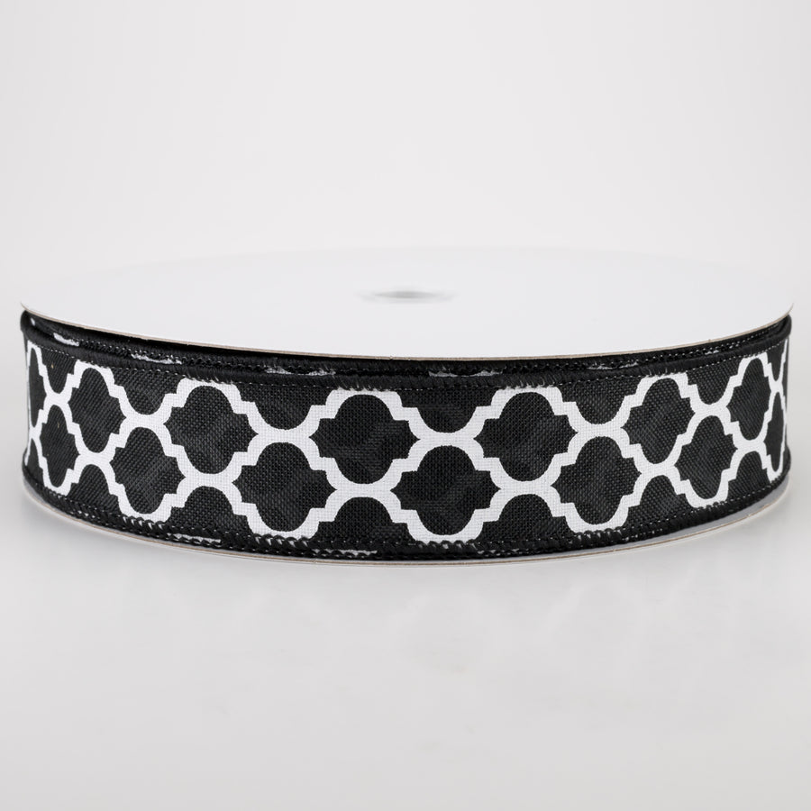 1.5" Linen Quatrefoil Lattice Ribbon: Black & White (50 Yards)