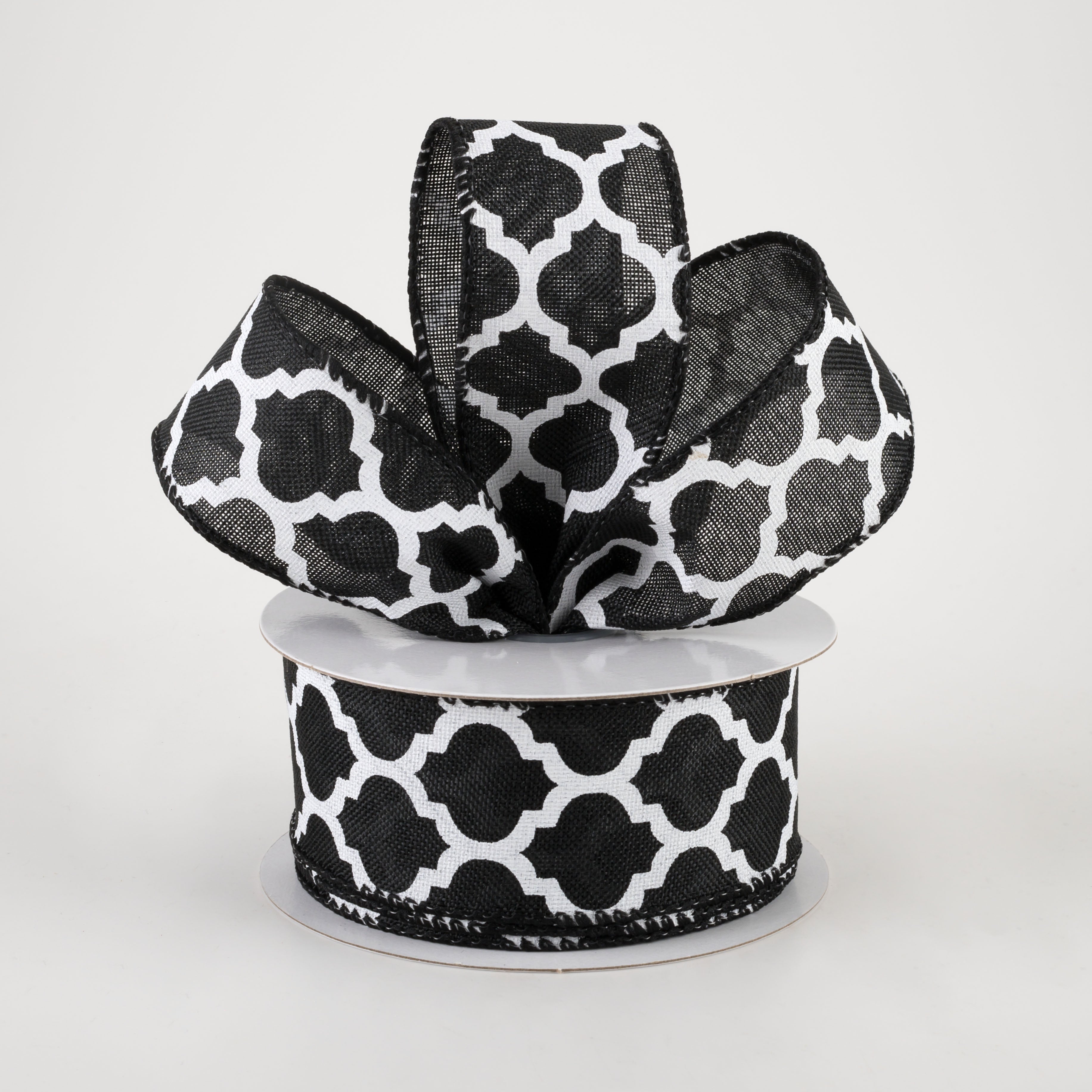 1.5" Linen Quatrefoil Lattice Ribbon: Black & White (10 Yards) Lifestyle Photo