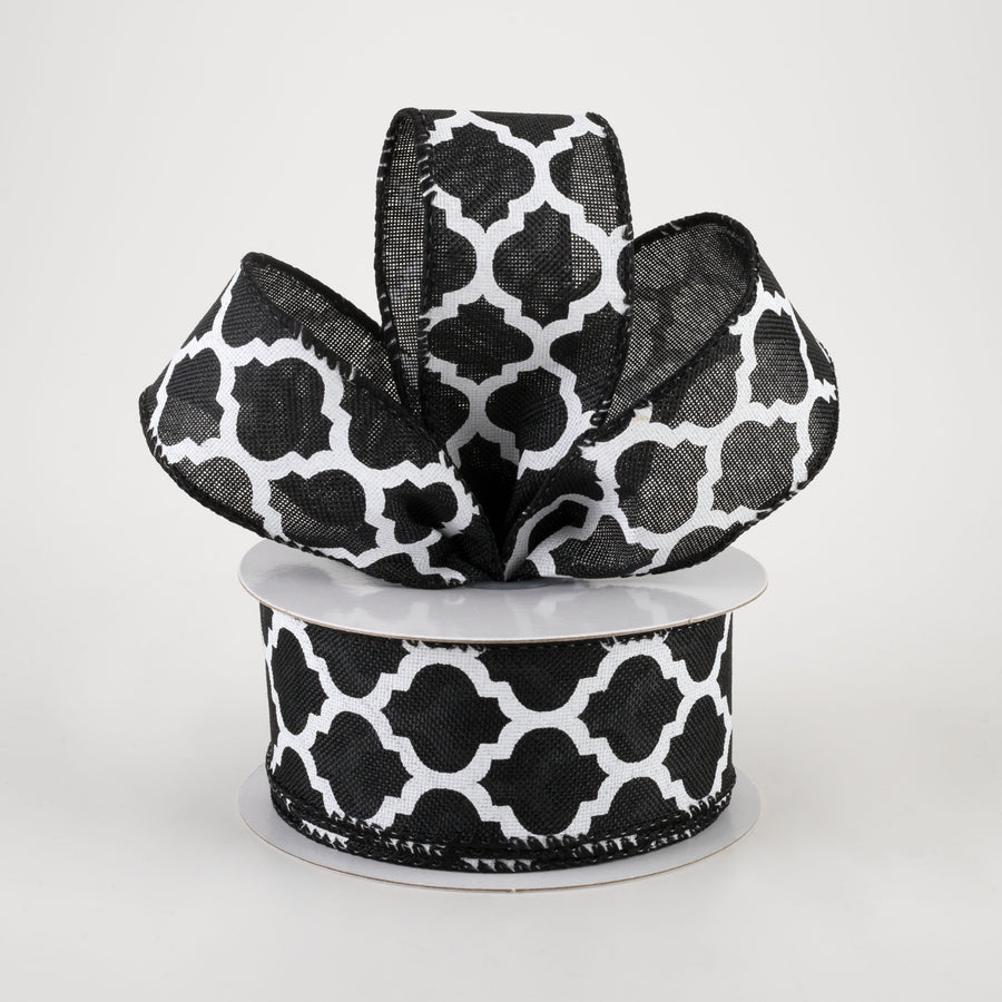 1.5" Linen Quatrefoil Lattice Ribbon: Black & White (10 Yards) Lifestyle Photo