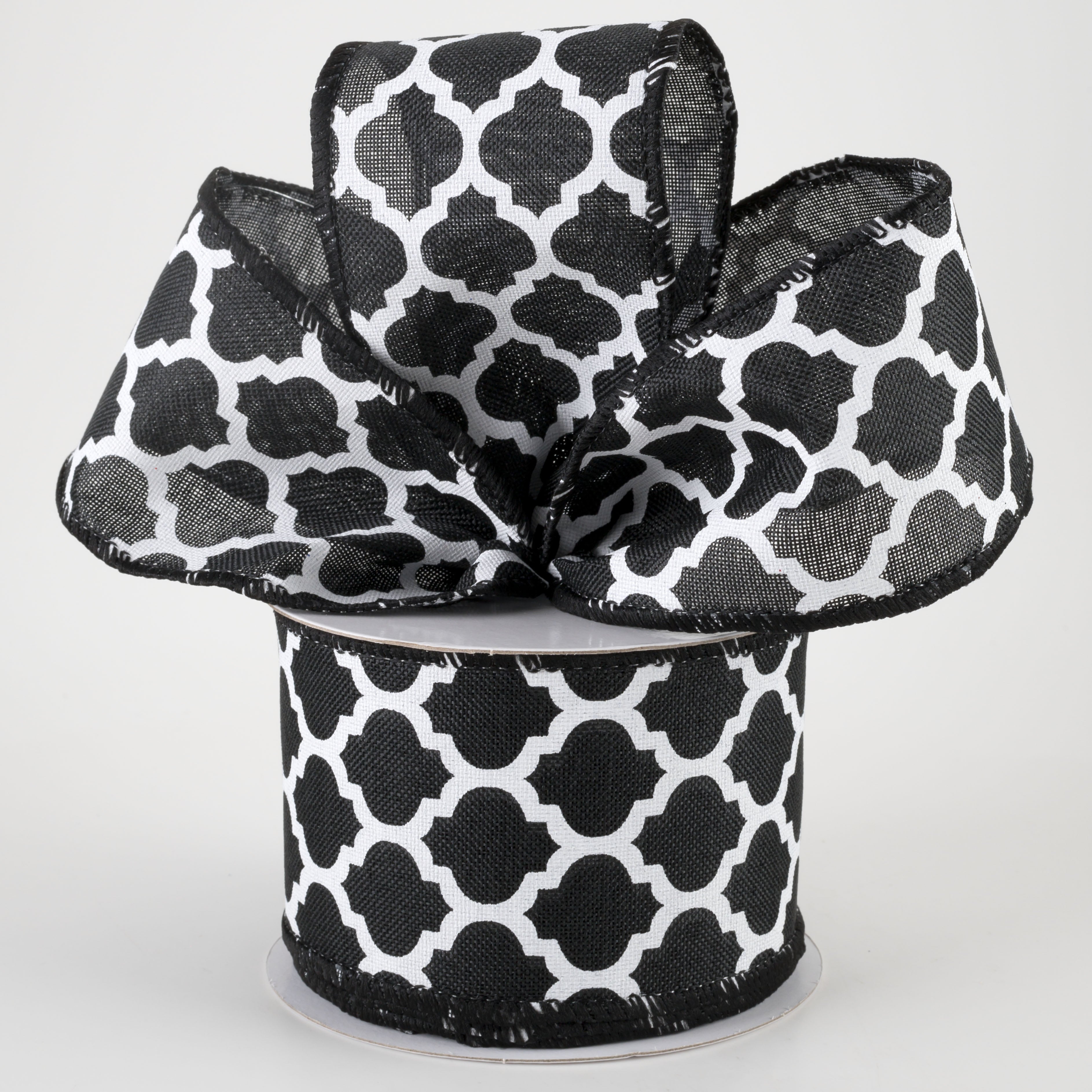 2.5" Linen Quatrefoil Lattice Ribbon: Black & White (10 Yards) Lifestyle Photo