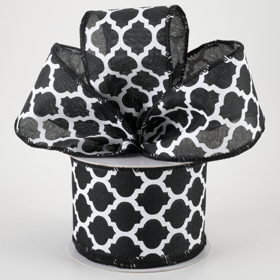 2.5" Linen Quatrefoil Lattice Ribbon: Black & White (10 Yards) Lifestyle Photo