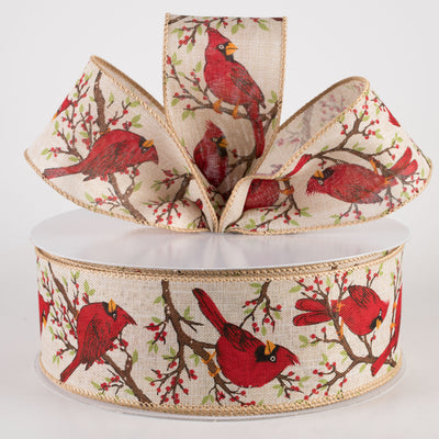 2.5" Linen Red Cardinal Bird on Branch Ribbon: Natural (50 Yards) Lifestyle Photo