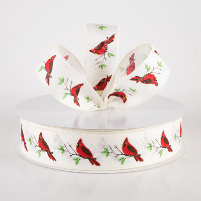 1.5" Linen Red Cardinal Bird Ribbon: Ivory (50 Yards) Lifestyle Photo