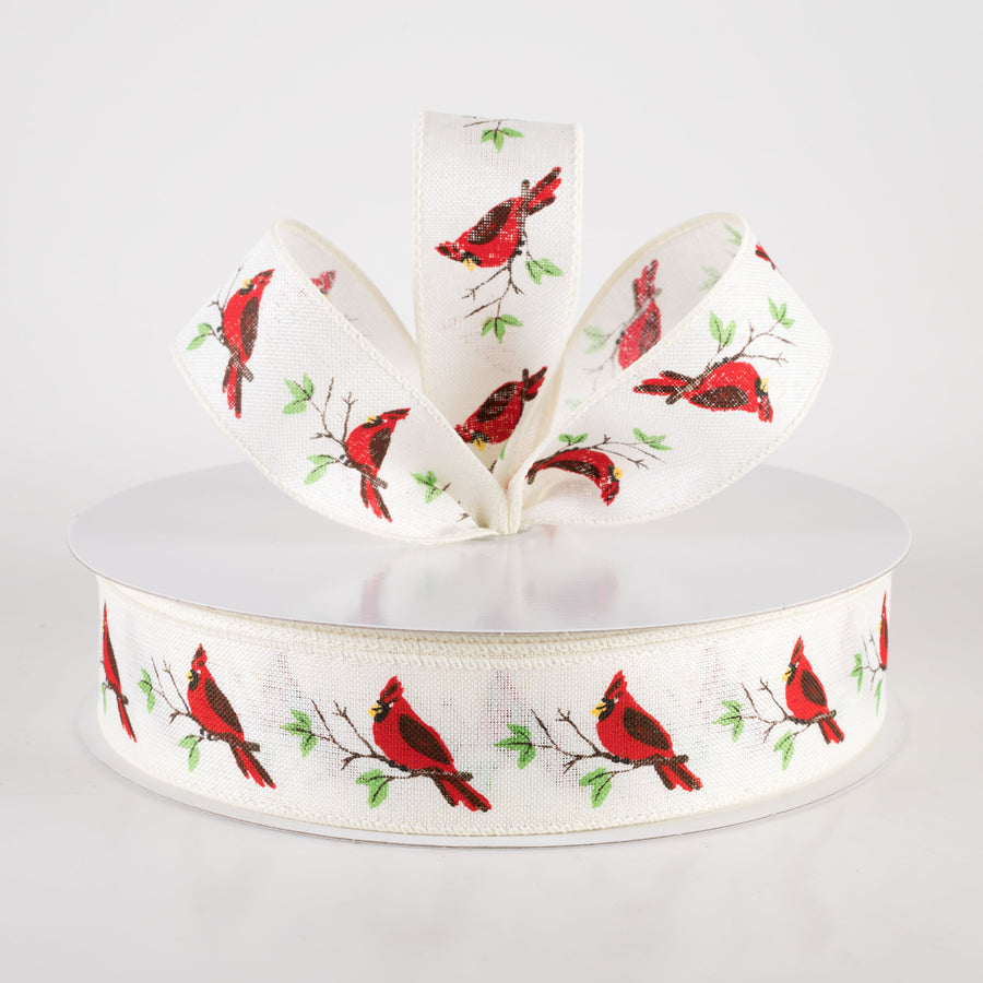1.5" Linen Red Cardinal Bird Ribbon: Ivory (50 Yards) Lifestyle Photo