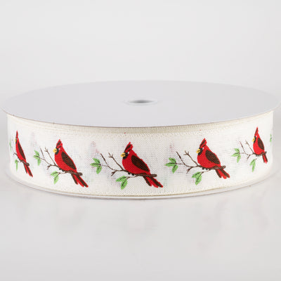 1.5" Linen Red Cardinal Bird Ribbon: Ivory (50 Yards)