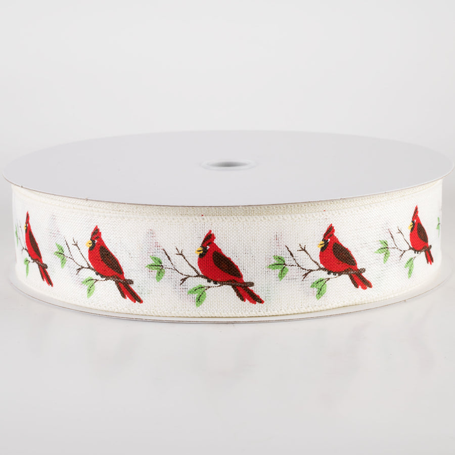 1.5" Linen Red Cardinal Bird Ribbon: Ivory (50 Yards)