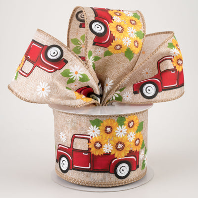 2.5" Linen Red Truck with Sunflowers Ribbon (10 Yards) Lifestyle Photo