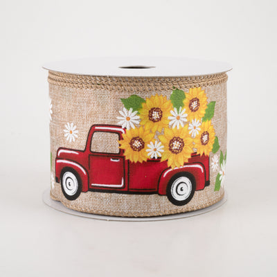 2.5" Linen Red Truck with Sunflowers Ribbon (10 Yards)