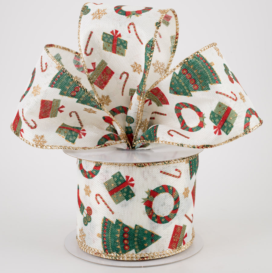 2.5" Linen Retro Christmas Icon Ribbon: Ivory (10 Yards) Lifestyle Photo