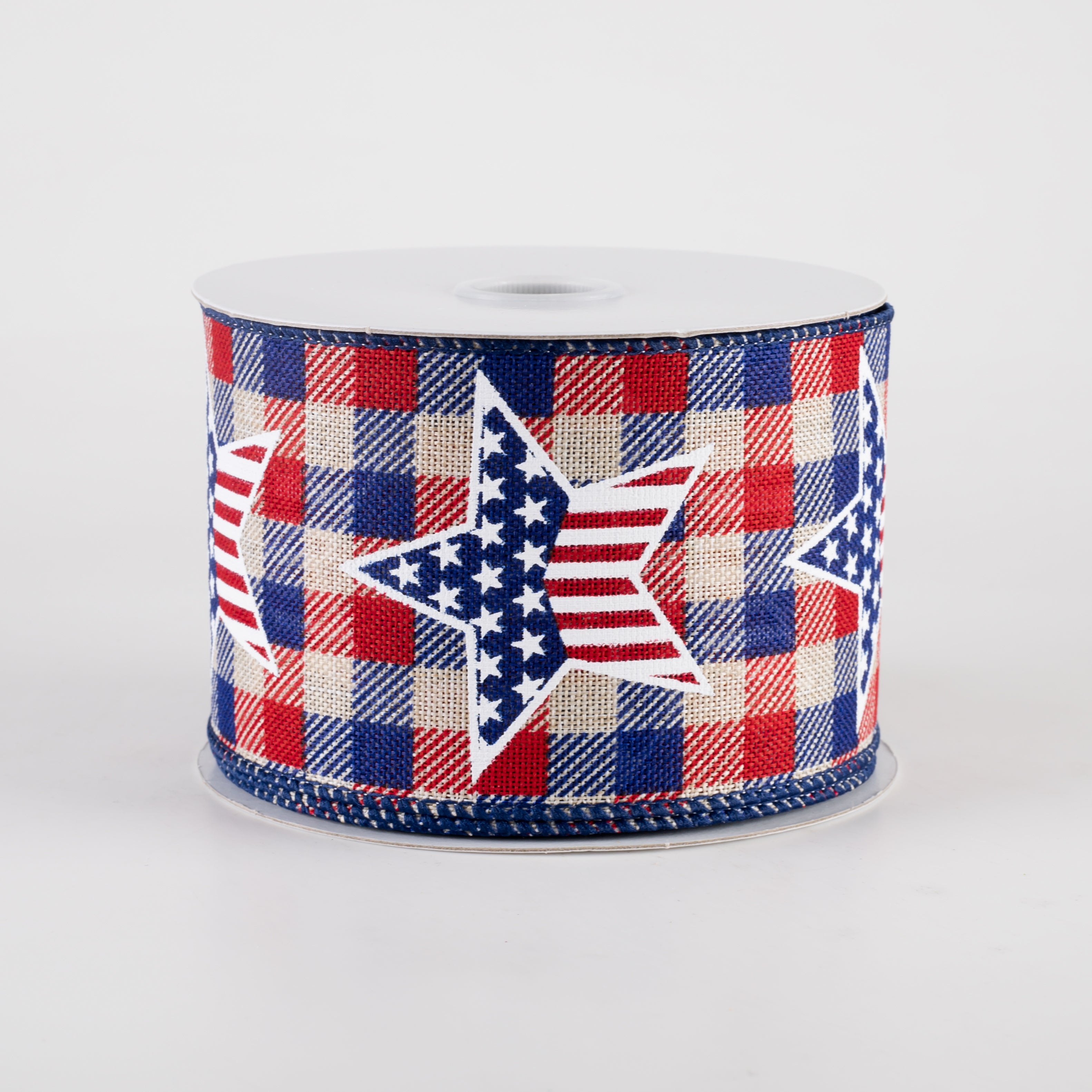 2.5" Linen RWB Check Flag Star Ribbon: Natural (10 Yards)