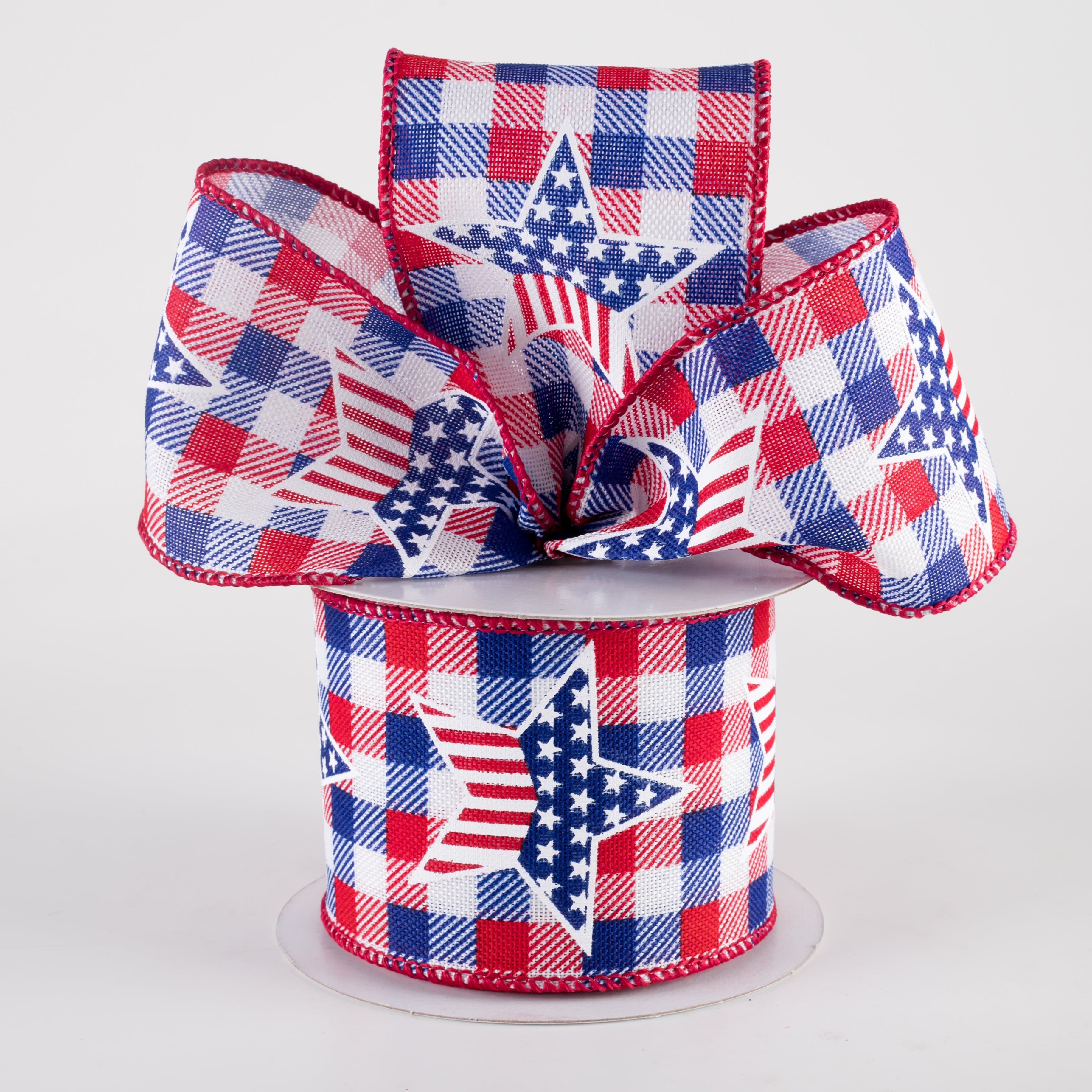 2.5" Linen RWB Check Flag Star Ribbon: White (10 Yards) Lifestyle Photo