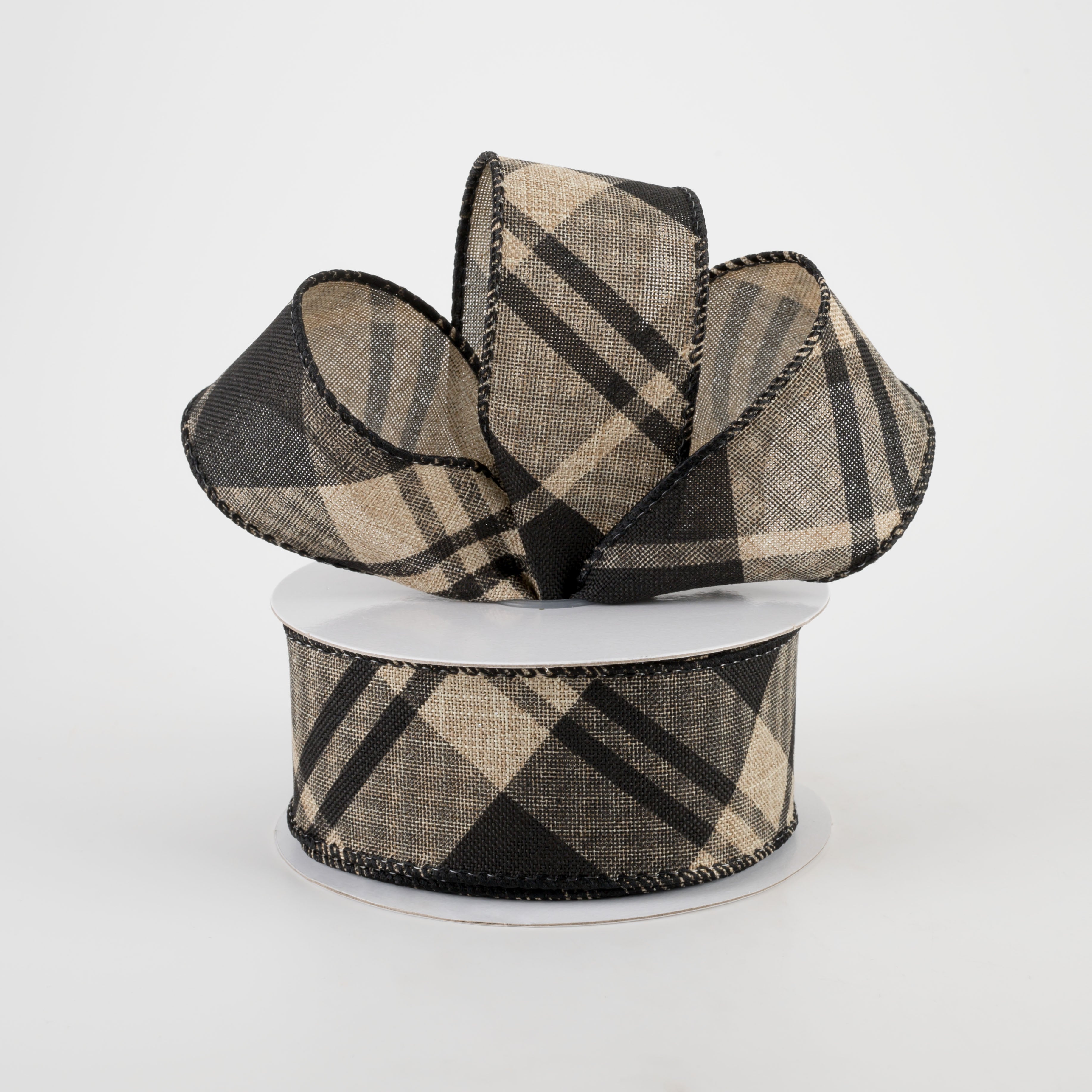 1.5" Linen Sally Plaid Ribbon: Black, Natural (10 Yards) Lifestyle Photo