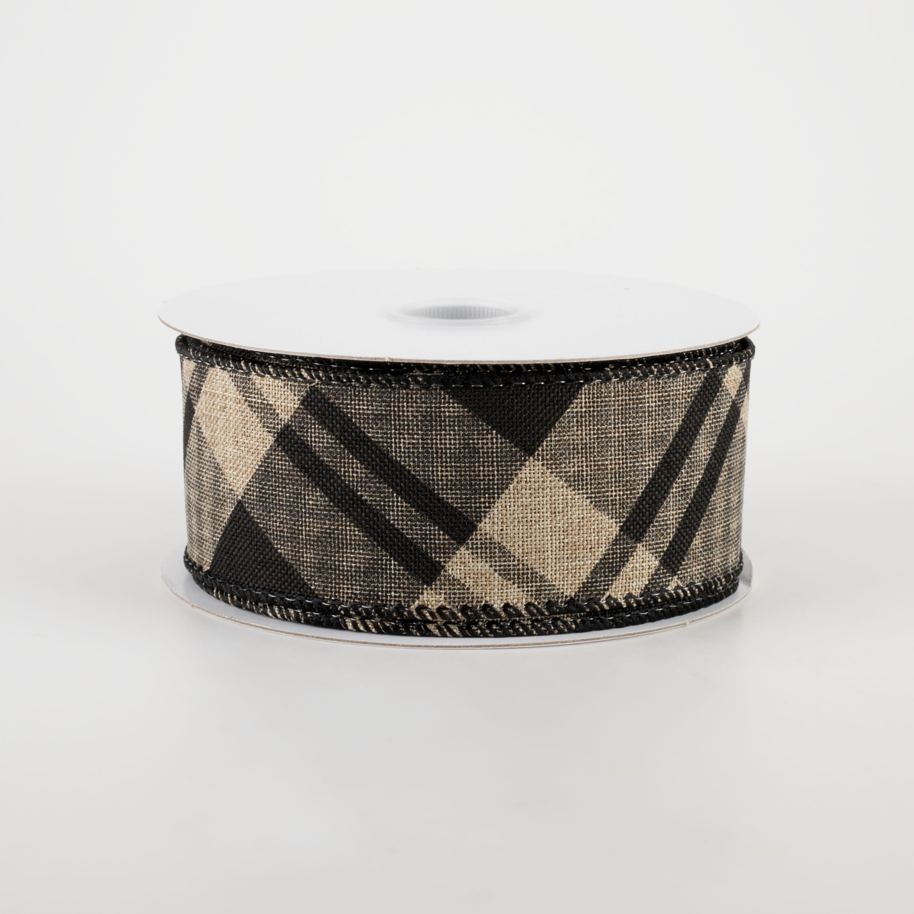 1.5" Linen Sally Plaid Ribbon: Black, Natural (10 Yards)