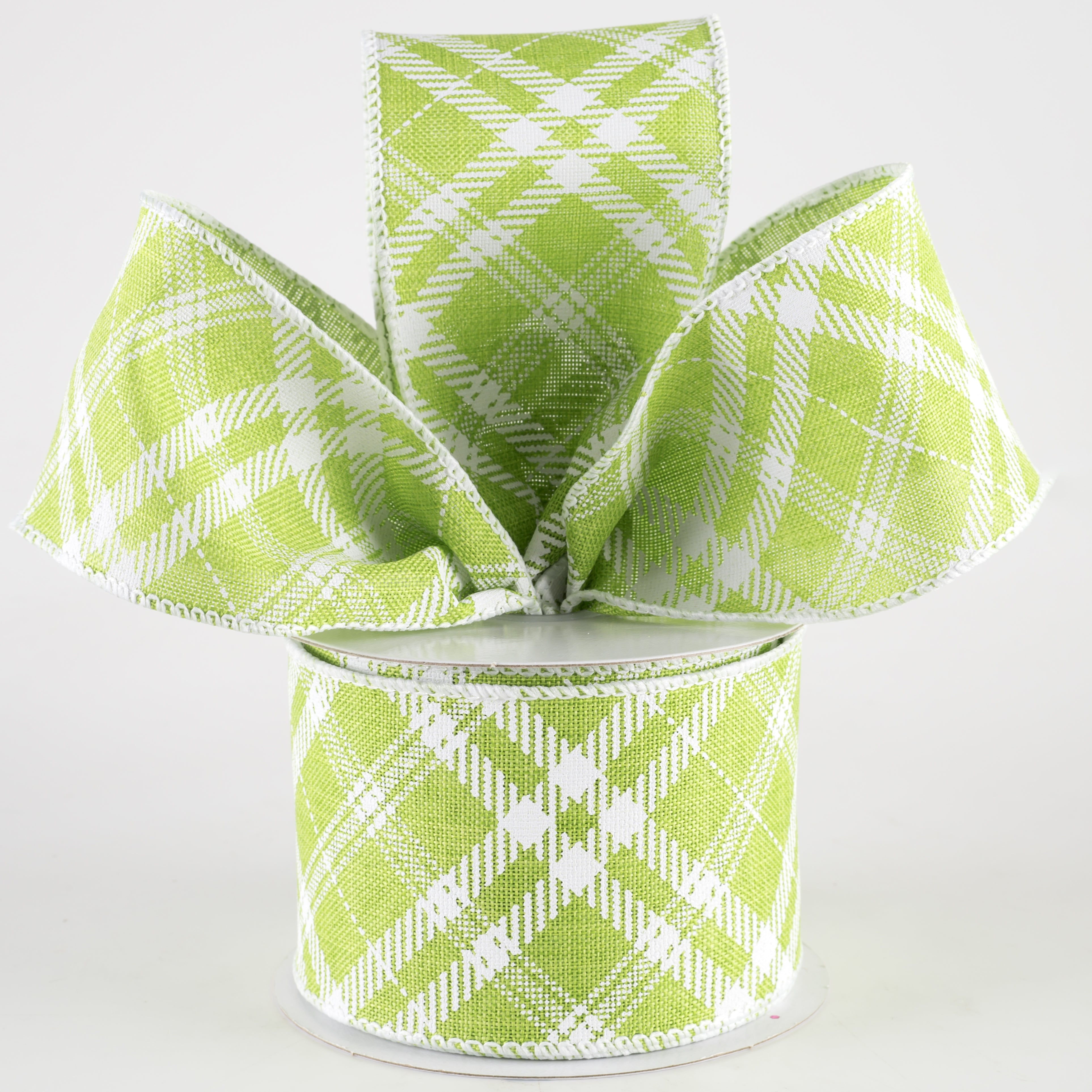 2.5" Linen Sandra Diagonal Plaid Ribbon: Lime Green (10 Yards) Lifestyle Photo