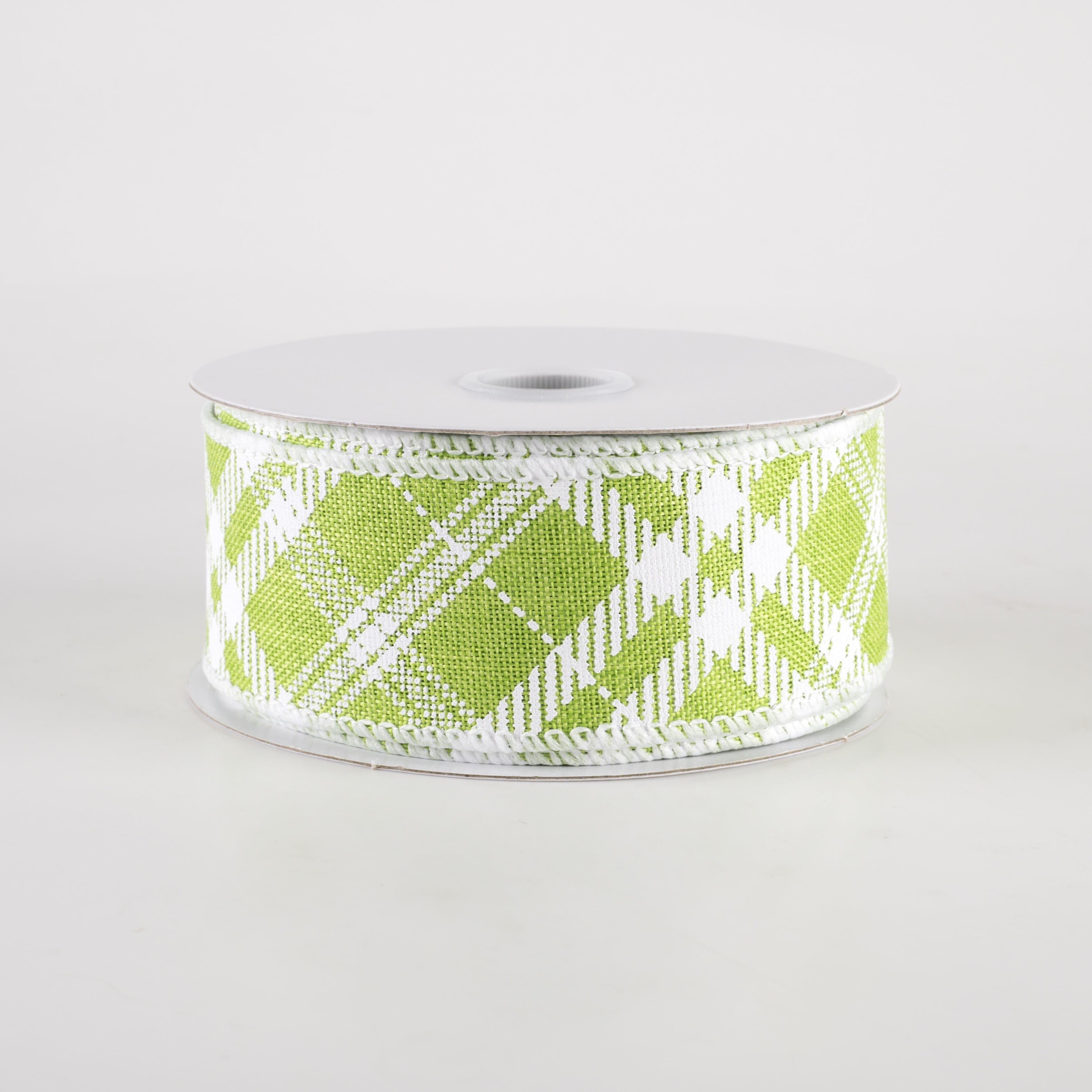 1.5" Linen Sandra Diagonal Plaid Ribbon: Lime Green (10 Yards)