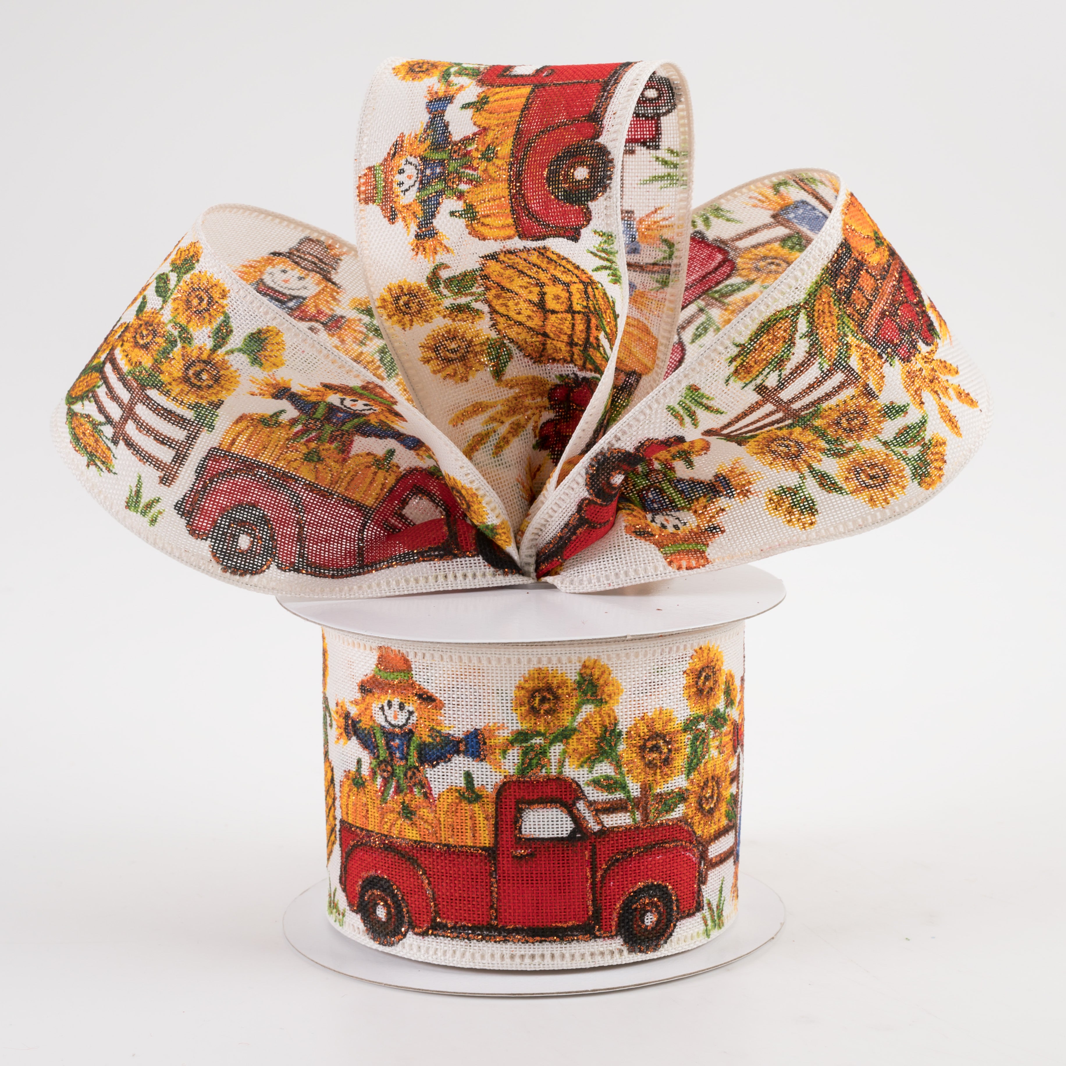 2.5" Linen Scarecrow Sunflower Pumpkin Truck Ribbon (10 Yards) Lifestyle Photo