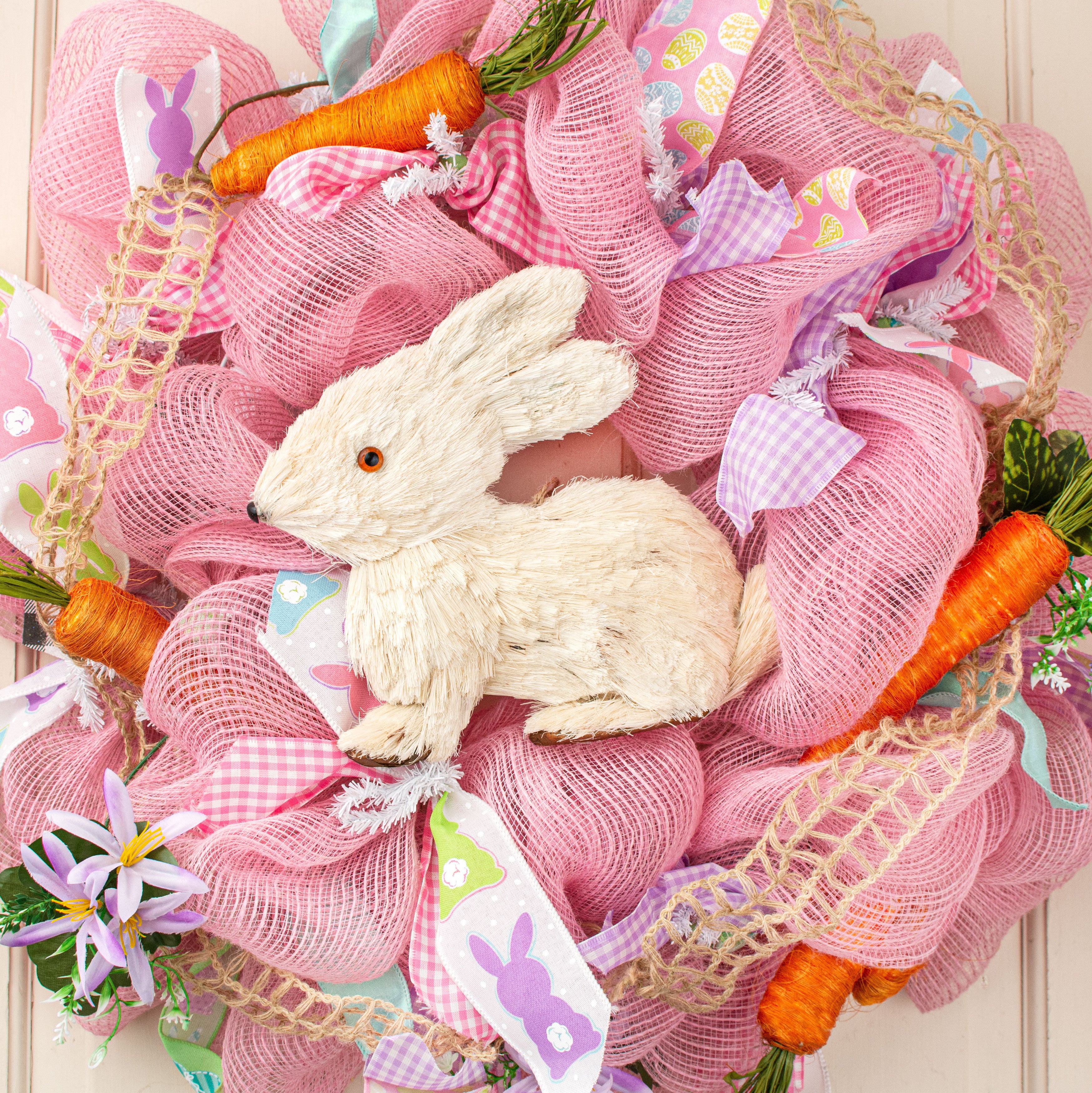 10" Linen Sisal Half Rabbit Decoration: Cuddling Lifestyle Photo