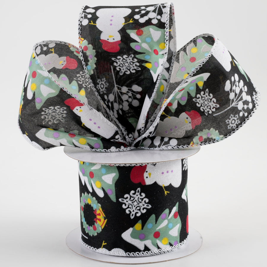 2.5" Linen Snowman, Christmas Wreath, Tree Ribbon: Black (10 Yards) Lifestyle Photo