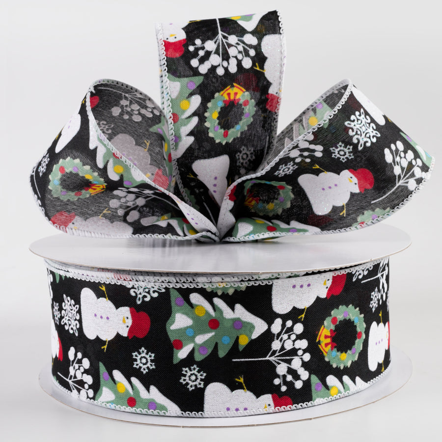 2.5" Linen Snowman, Christmas Wreath, Tree Ribbon: Black (50 Yards) Lifestyle Photo