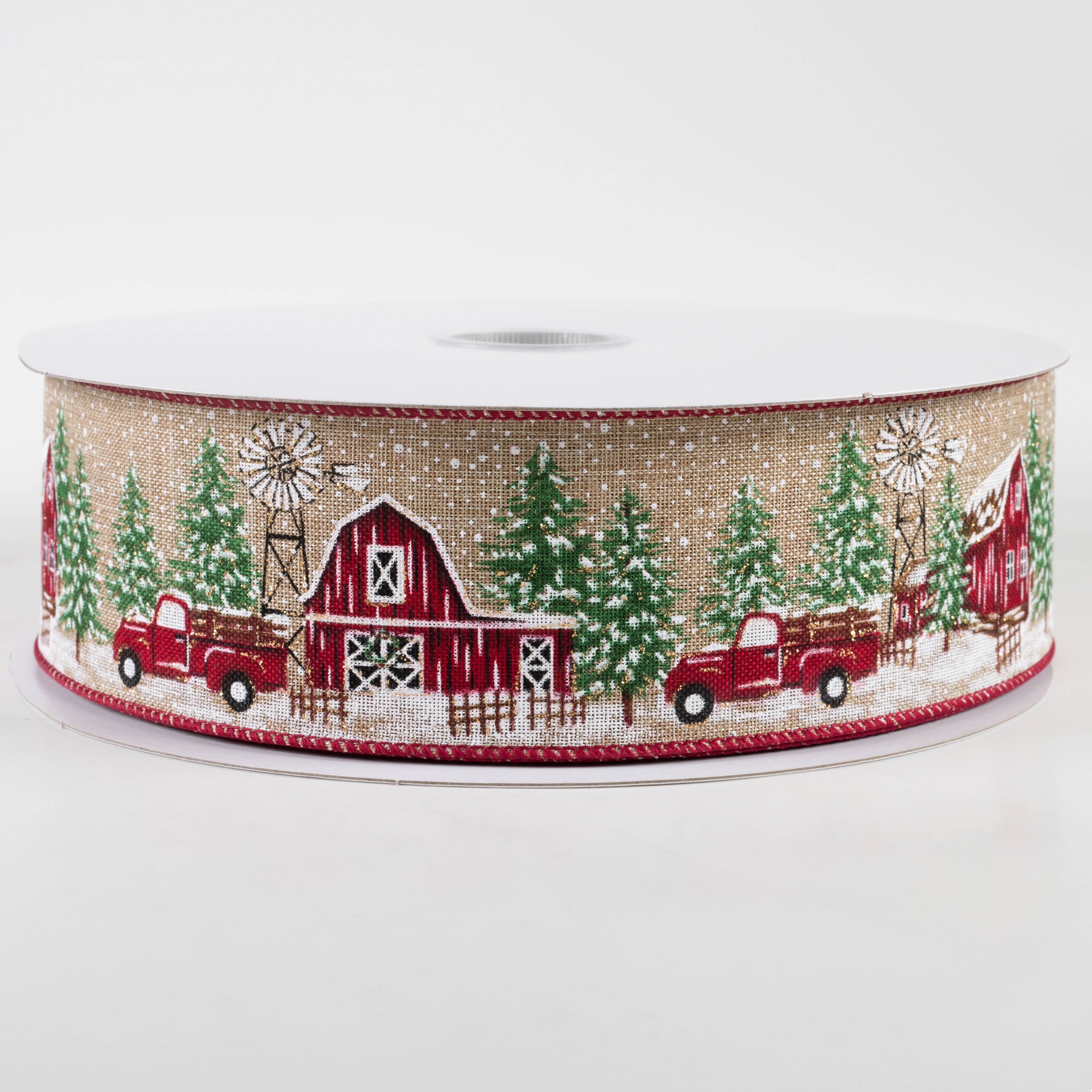 2.5" Linen Snowy Red Barn & Truck Ribbon: Natural (50 Yards)