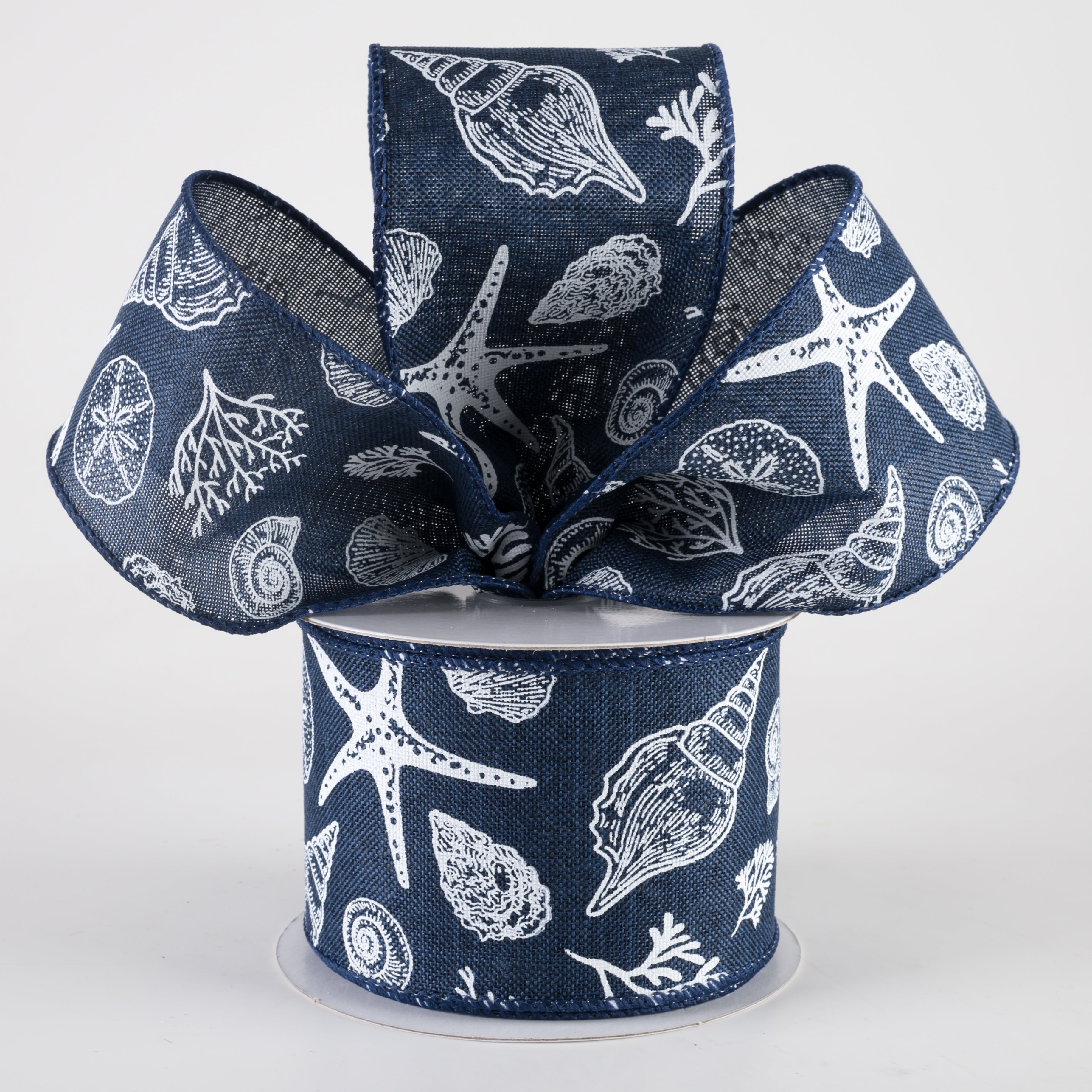 2.5" Linen Stamped Beach Icons Ribbon: Navy Blue (10 Yards) Lifestyle Photo