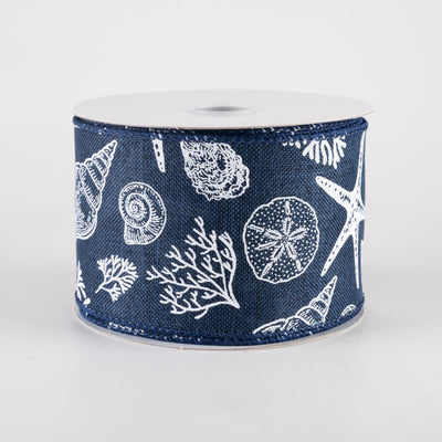 2.5" Linen Stamped Beach Icons Ribbon: Navy Blue (10 Yards)