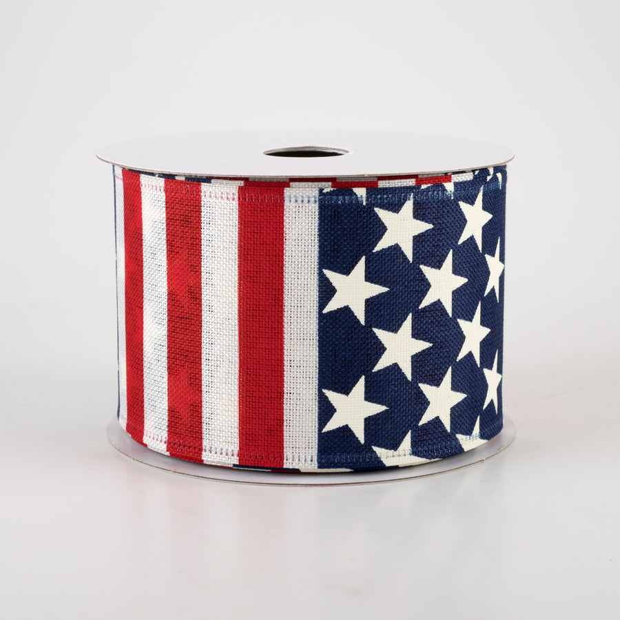 2.5" Linen Stars and Stripes USA Flag Ribbon (10 Yards)
