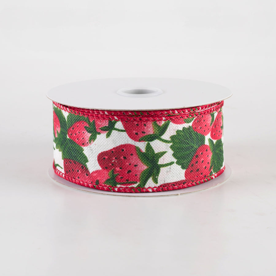1.5" Linen Strawberries Ribbon: Ivory (10 Yards)