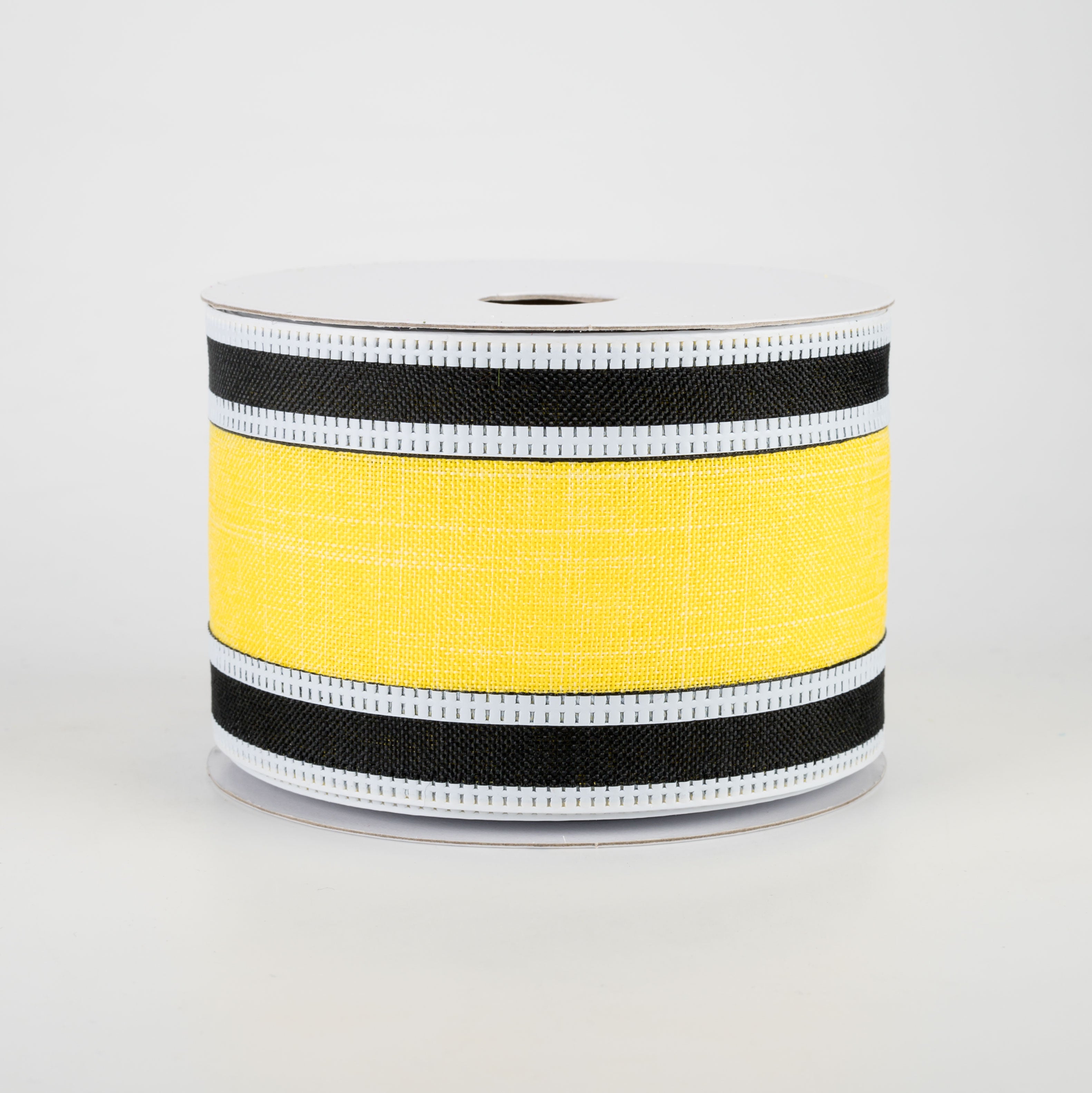 2.5" Linen Stripe Ribbon: Daffodil, Black, White (10 Yards)