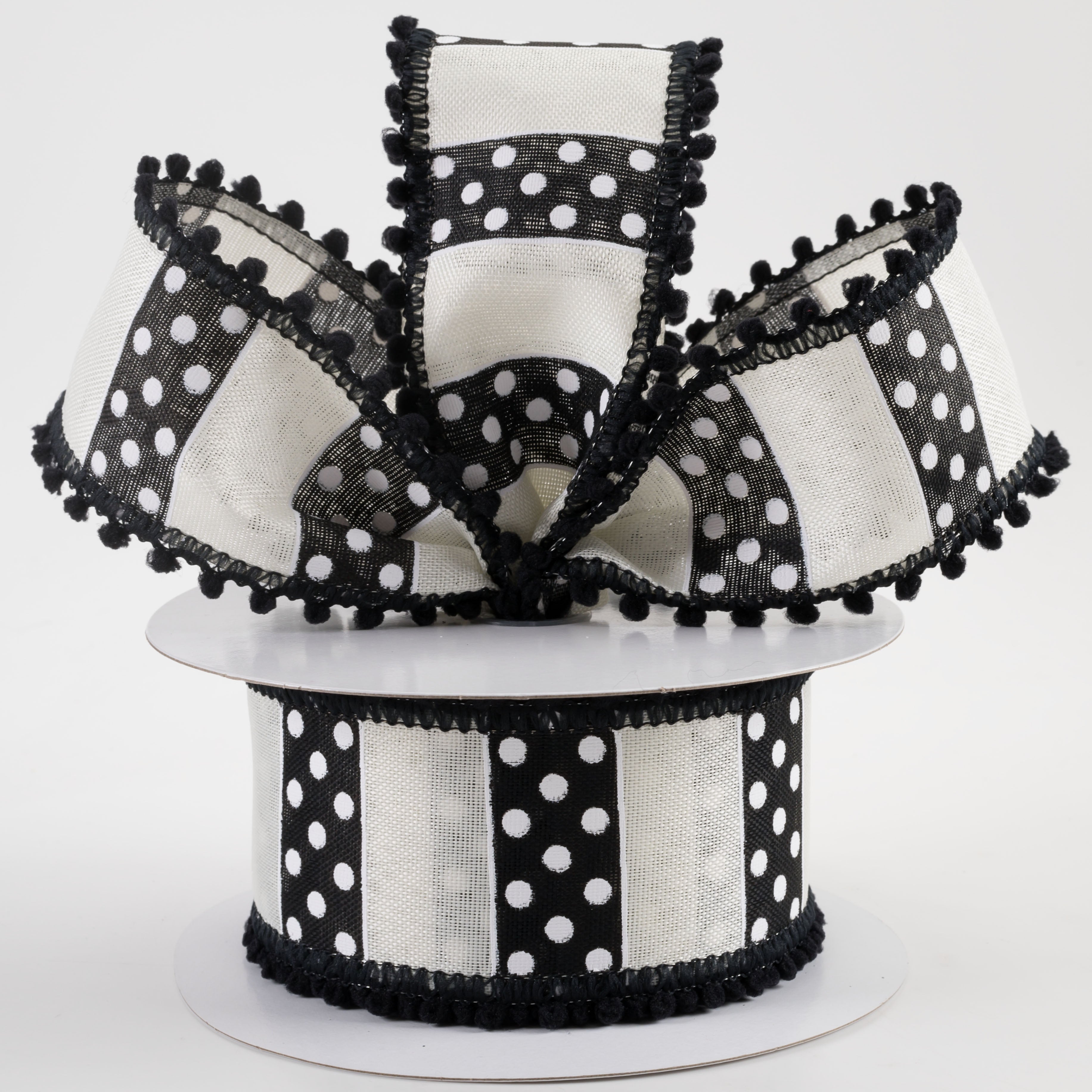 2.5" Linen Stripes & Dots Pom Pom Edge Ribbon: Black & White (10 Yards) Lifestyle Photo
