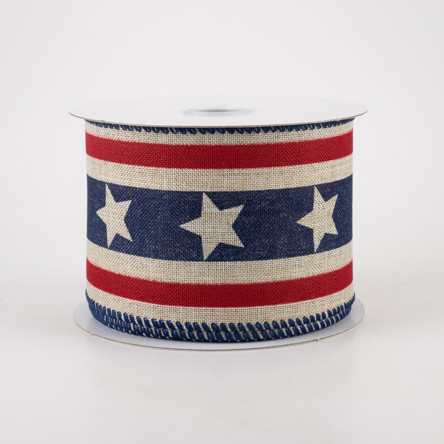 2.5" Linen Stripes & Stars Ribbon: Natural (10 Yards)