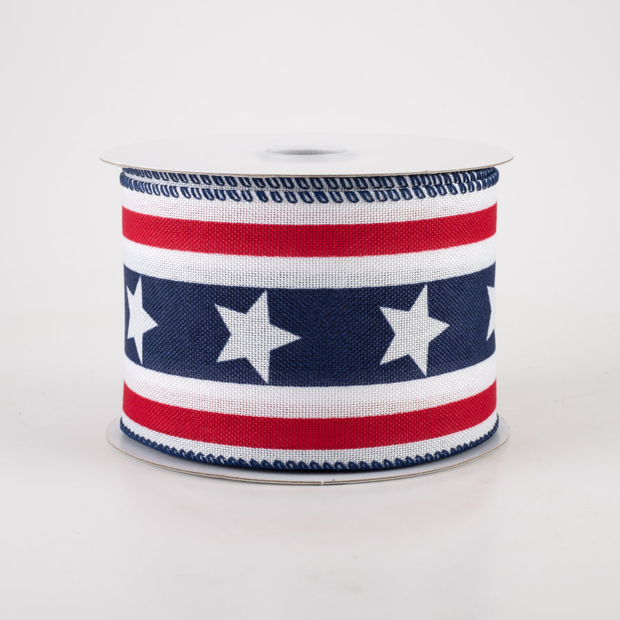 2.5" Linen Stripes & Stars Ribbon: White (10 Yards)